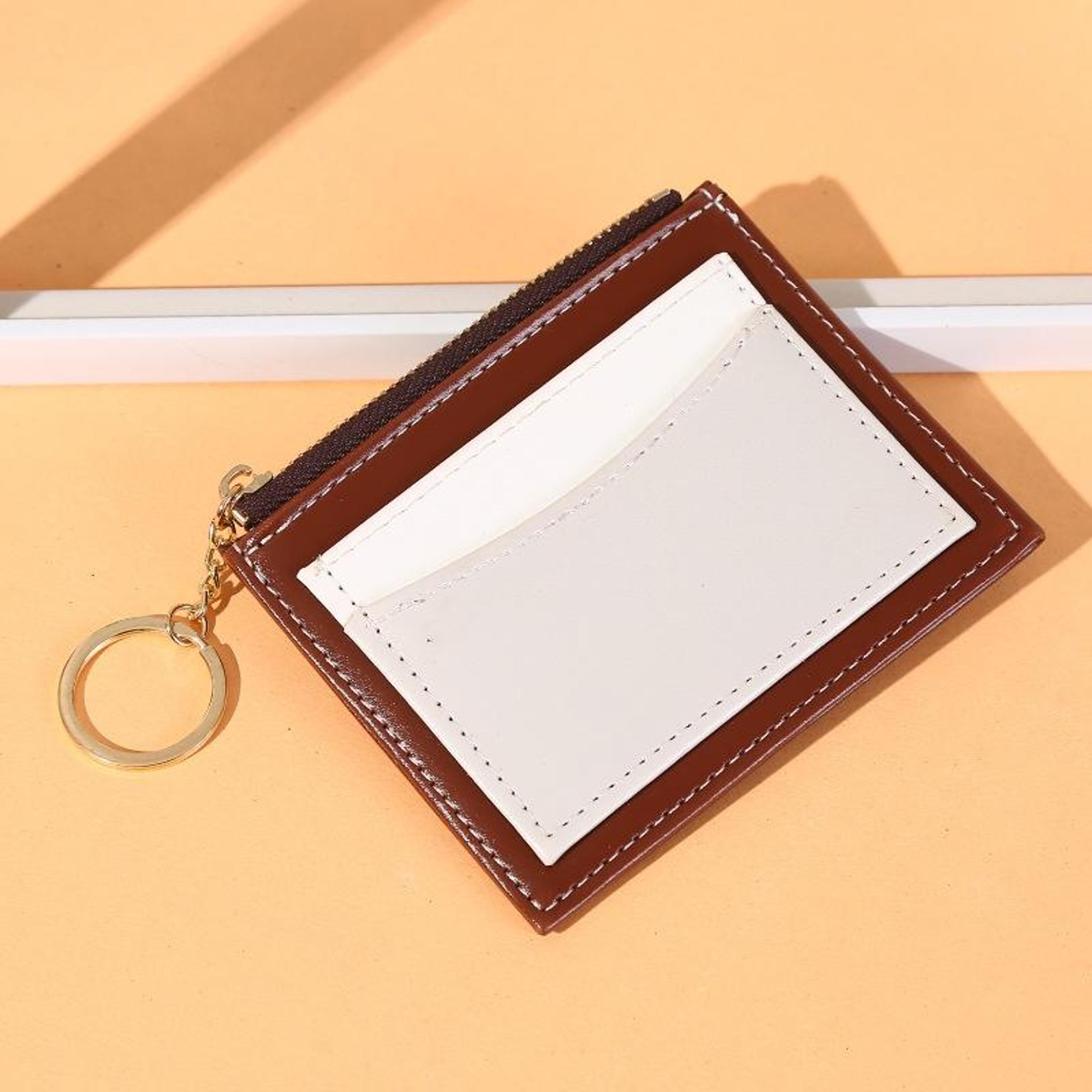 pu leather card holder wallet with zipper coin pocket and keychain