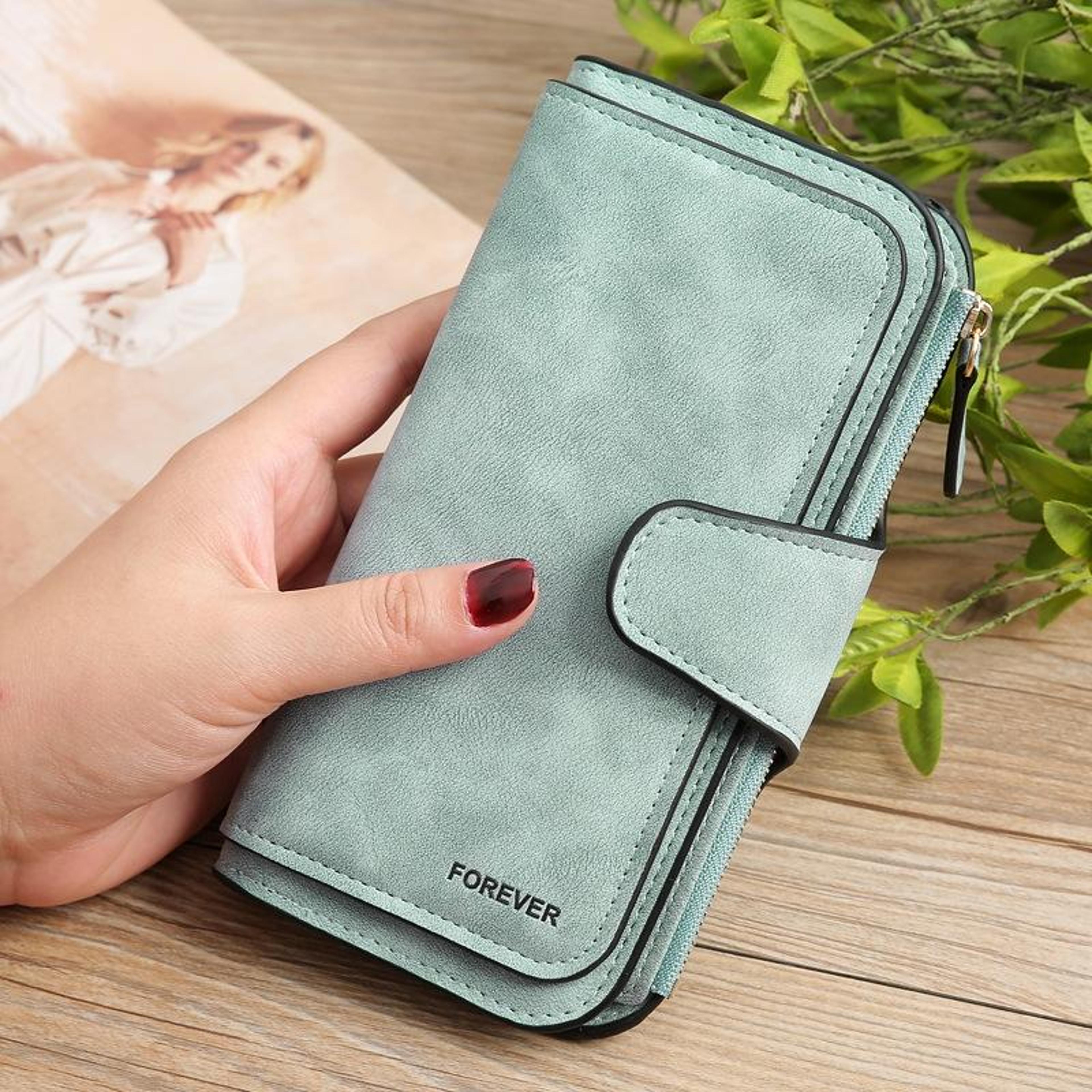 ladies pu leather coin purse and long wallet with zipper and snap button closure