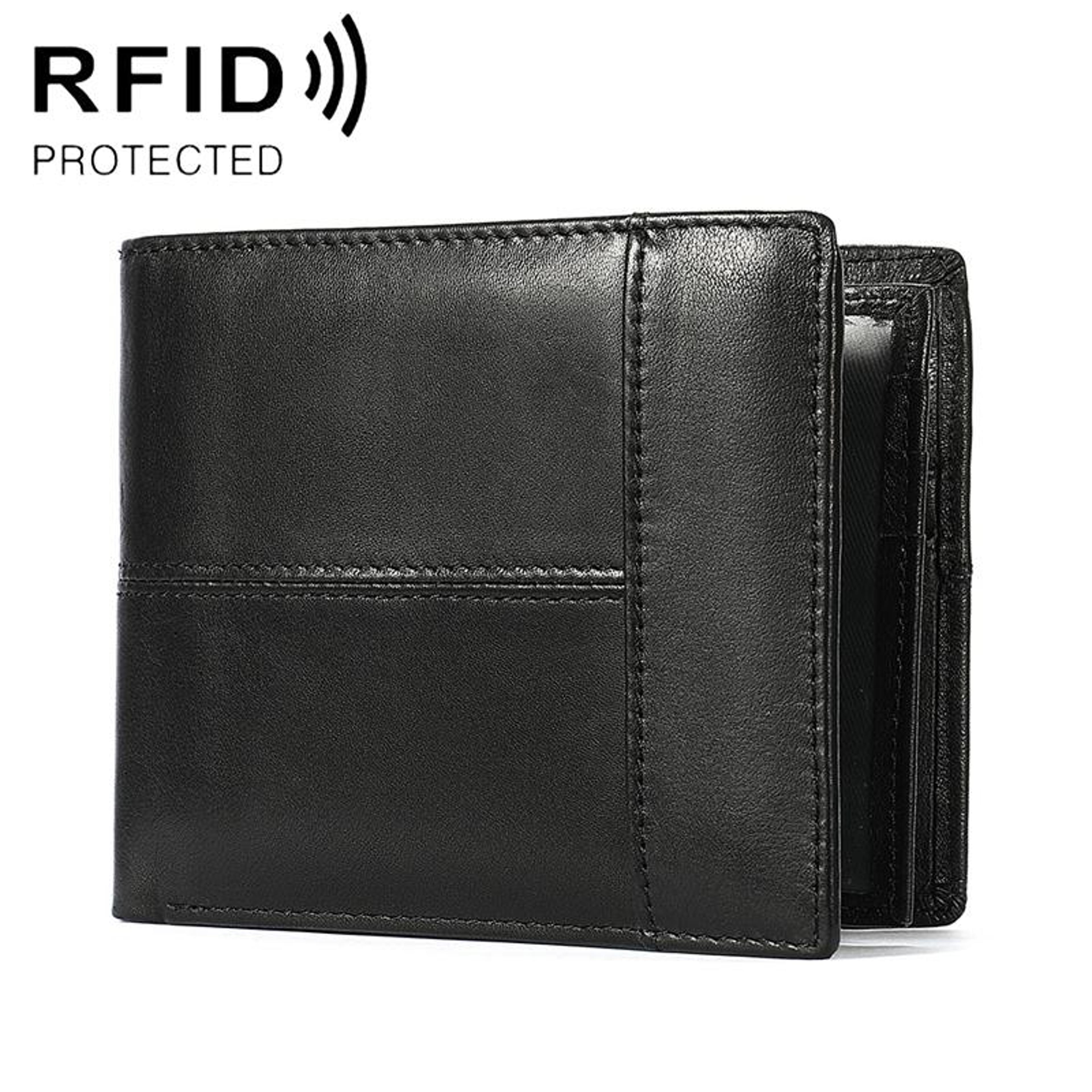 mens rfid blocking cowhide leather wallet with multiple card slots and zipper coin pockets