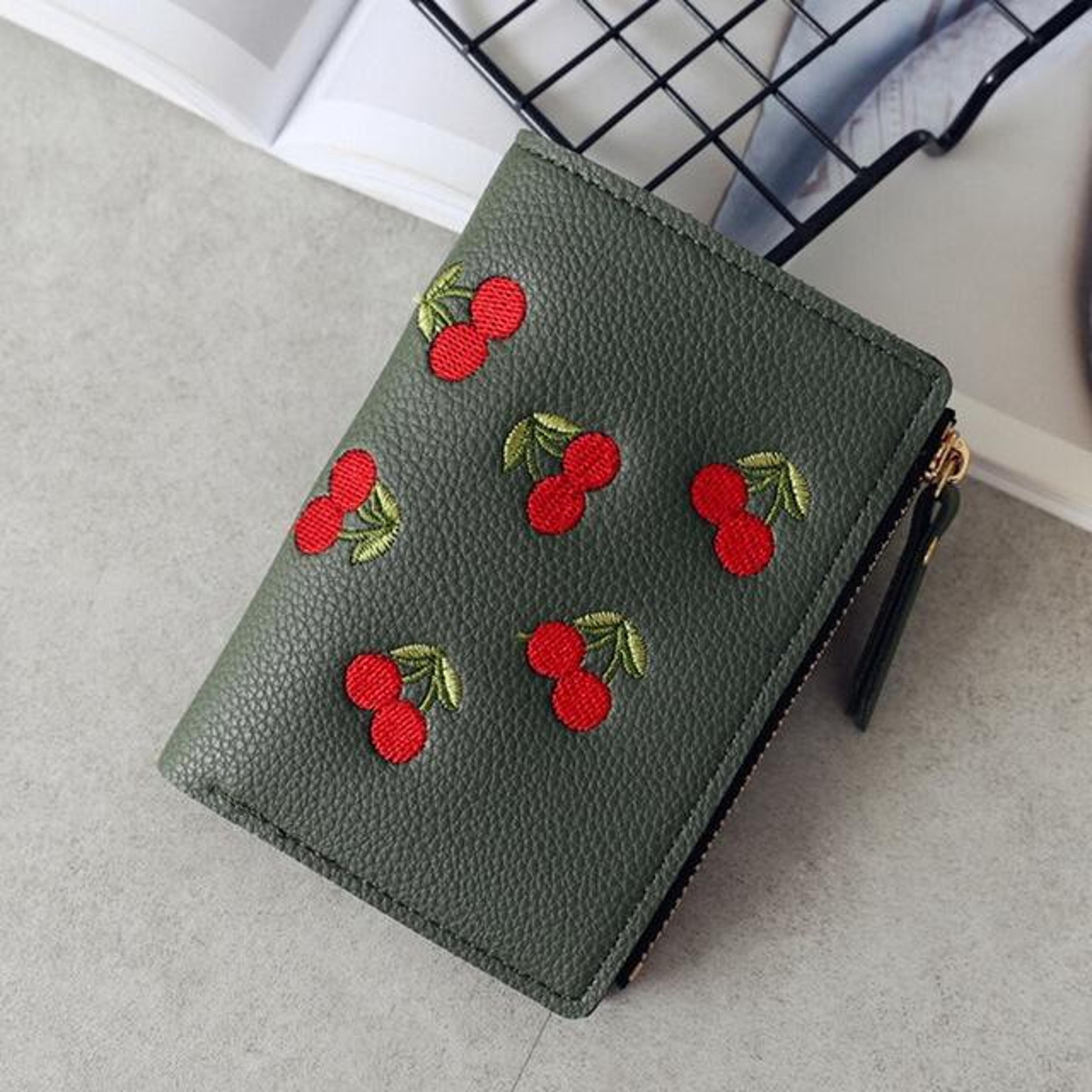 leather cherry embroidery coin purse and card holder