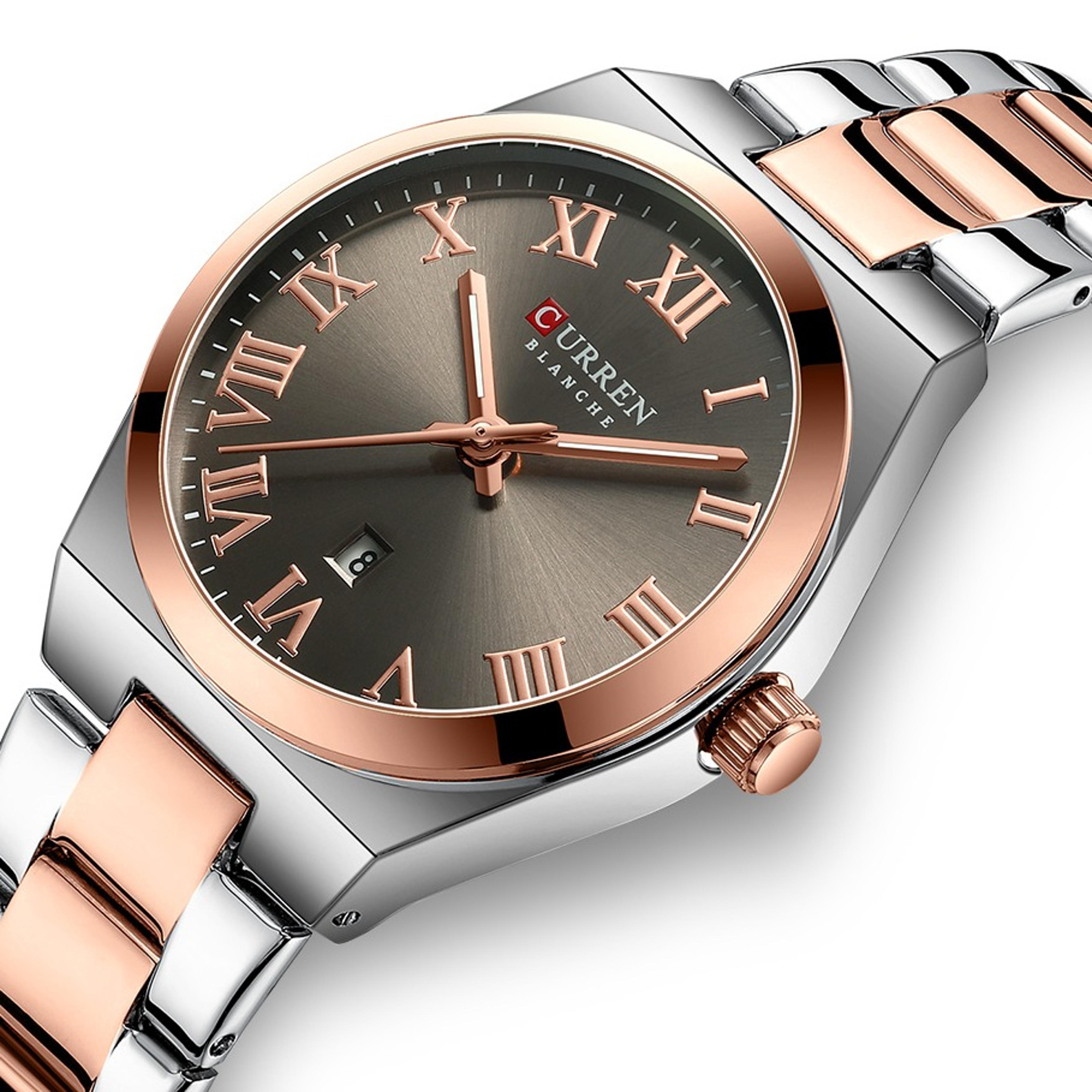 elegant womens watch with roman numeral dial and calendar