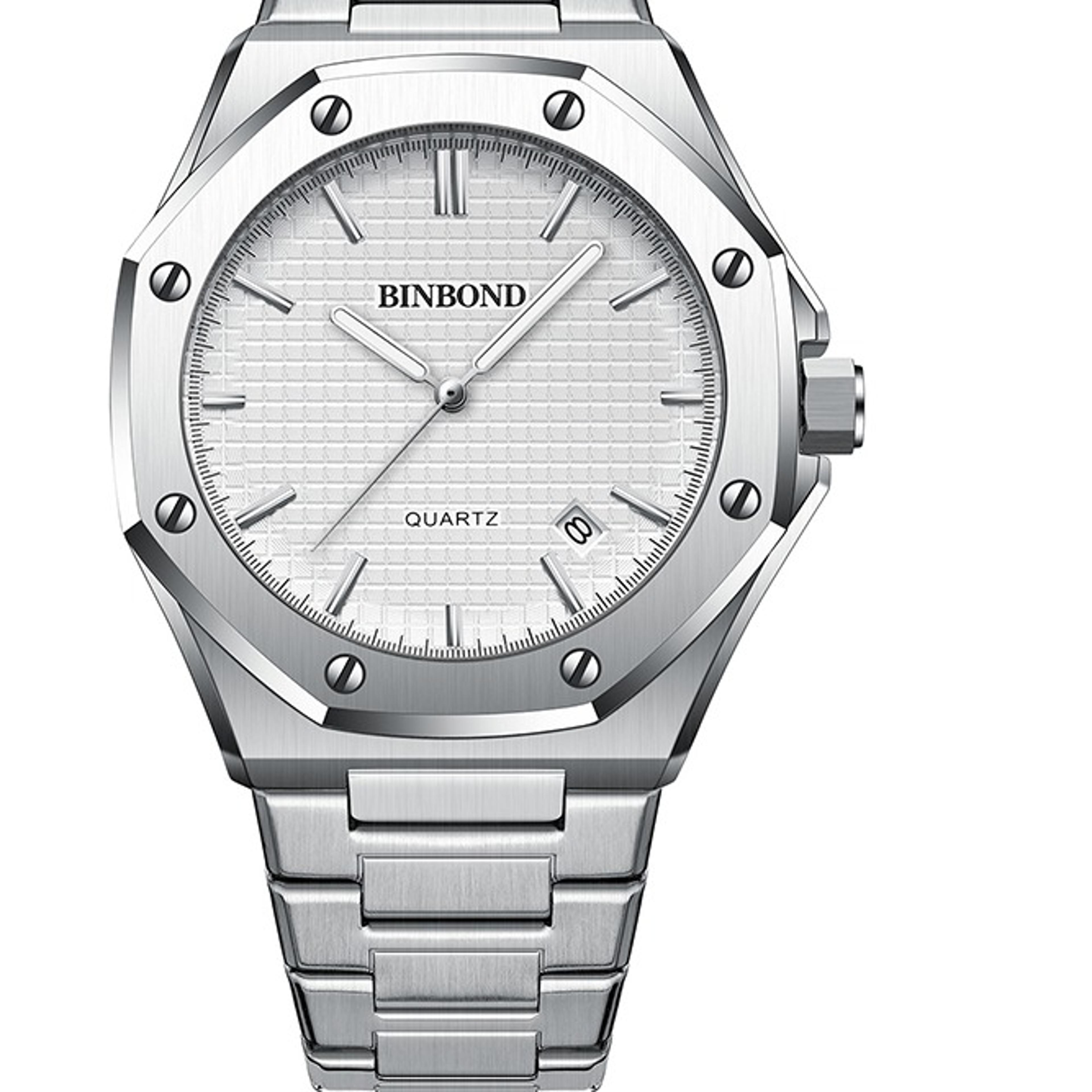 mens stainless steel quartz watch with luminous hands & date display