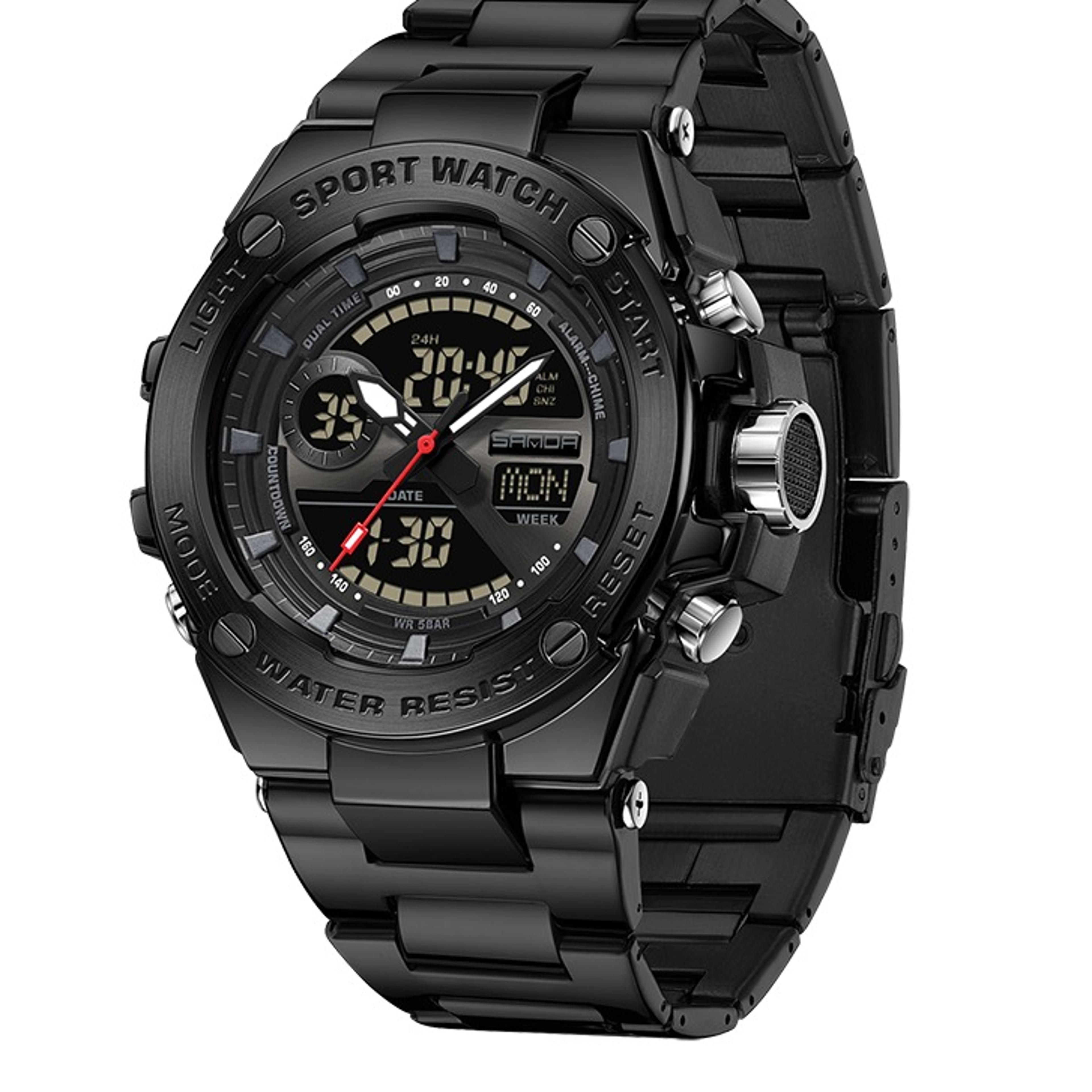 stainless steel dual display watch for men with led luminous quartz design