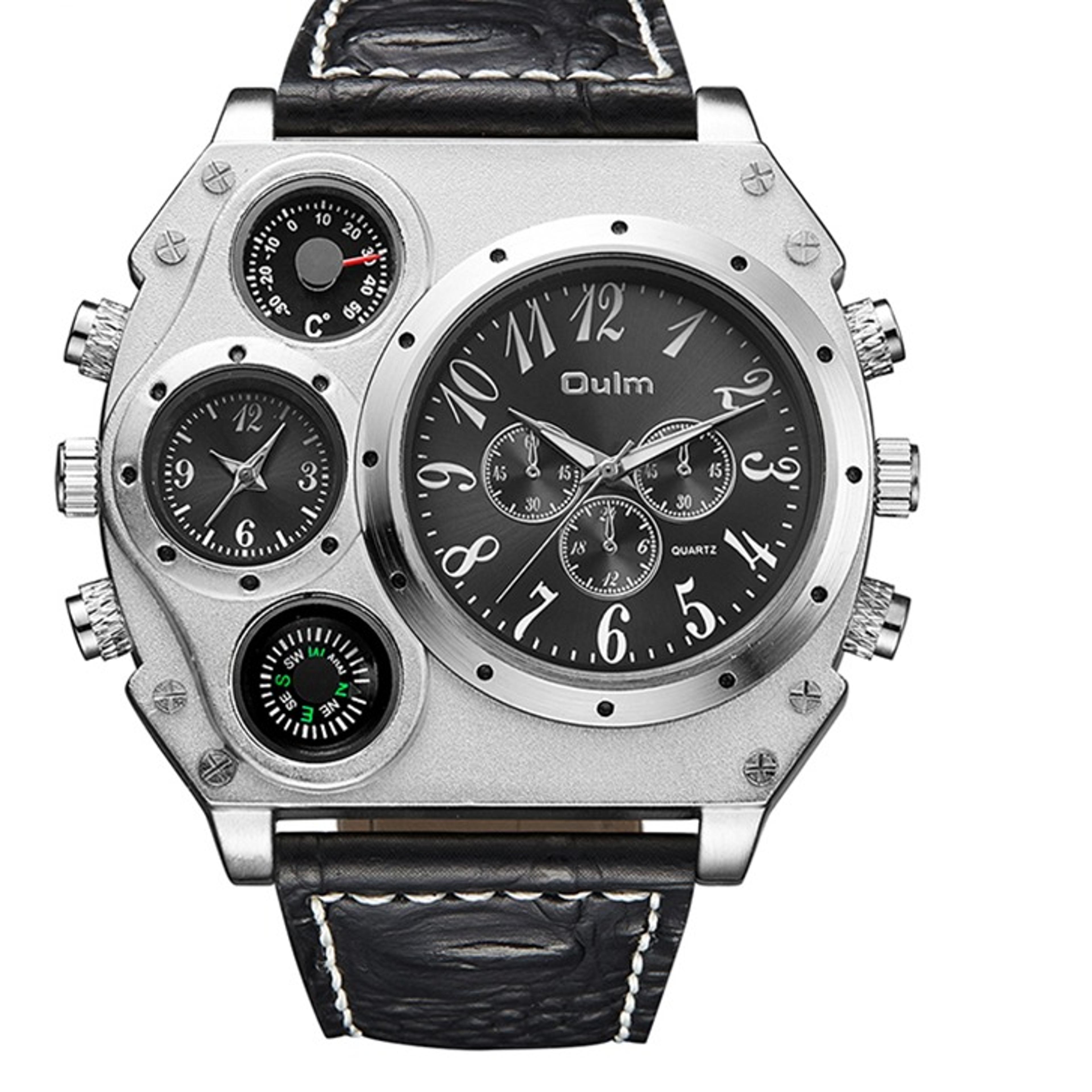 dual time zone mens watch with large dial and leather strap