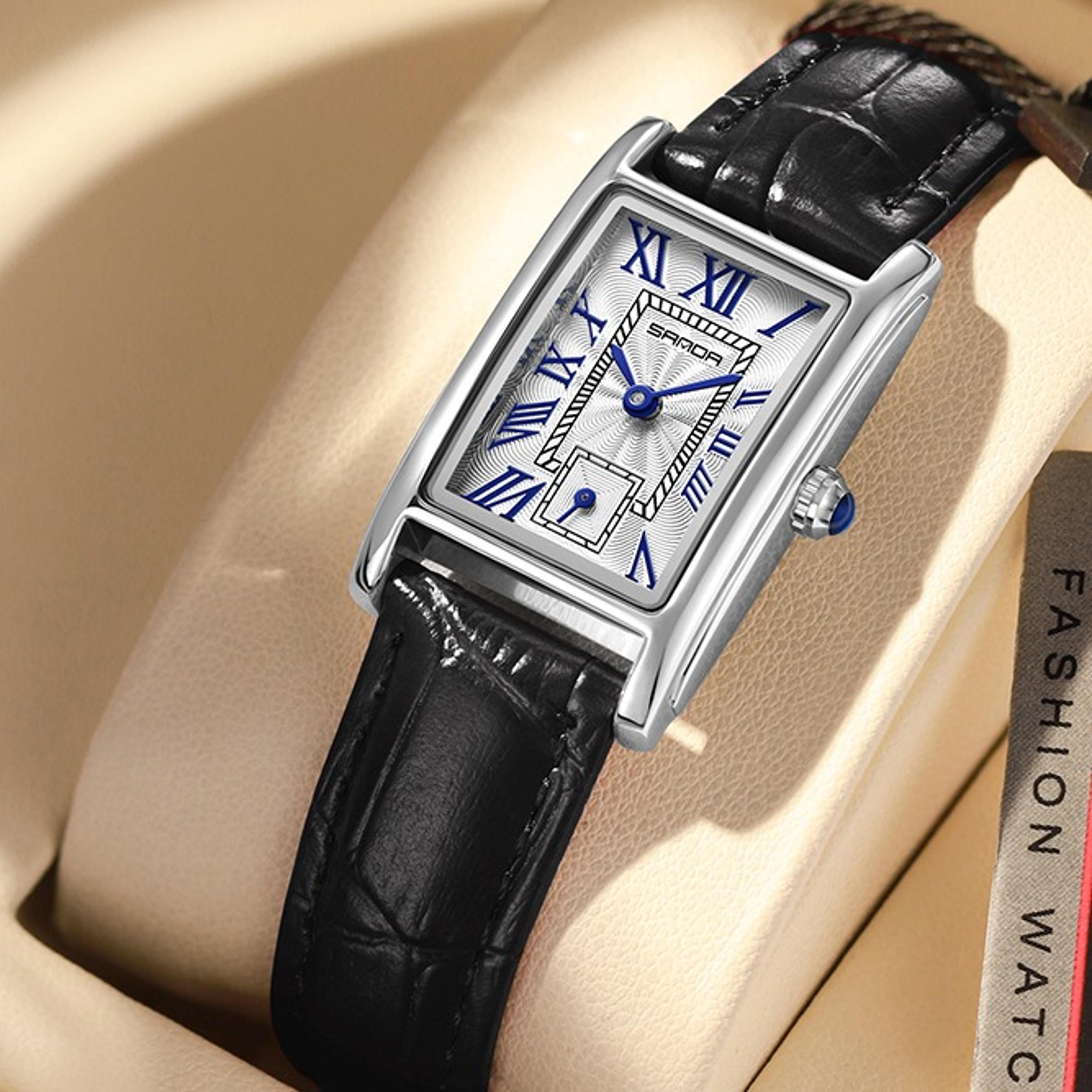 elegant rectangle womens quartz watch with leather strap