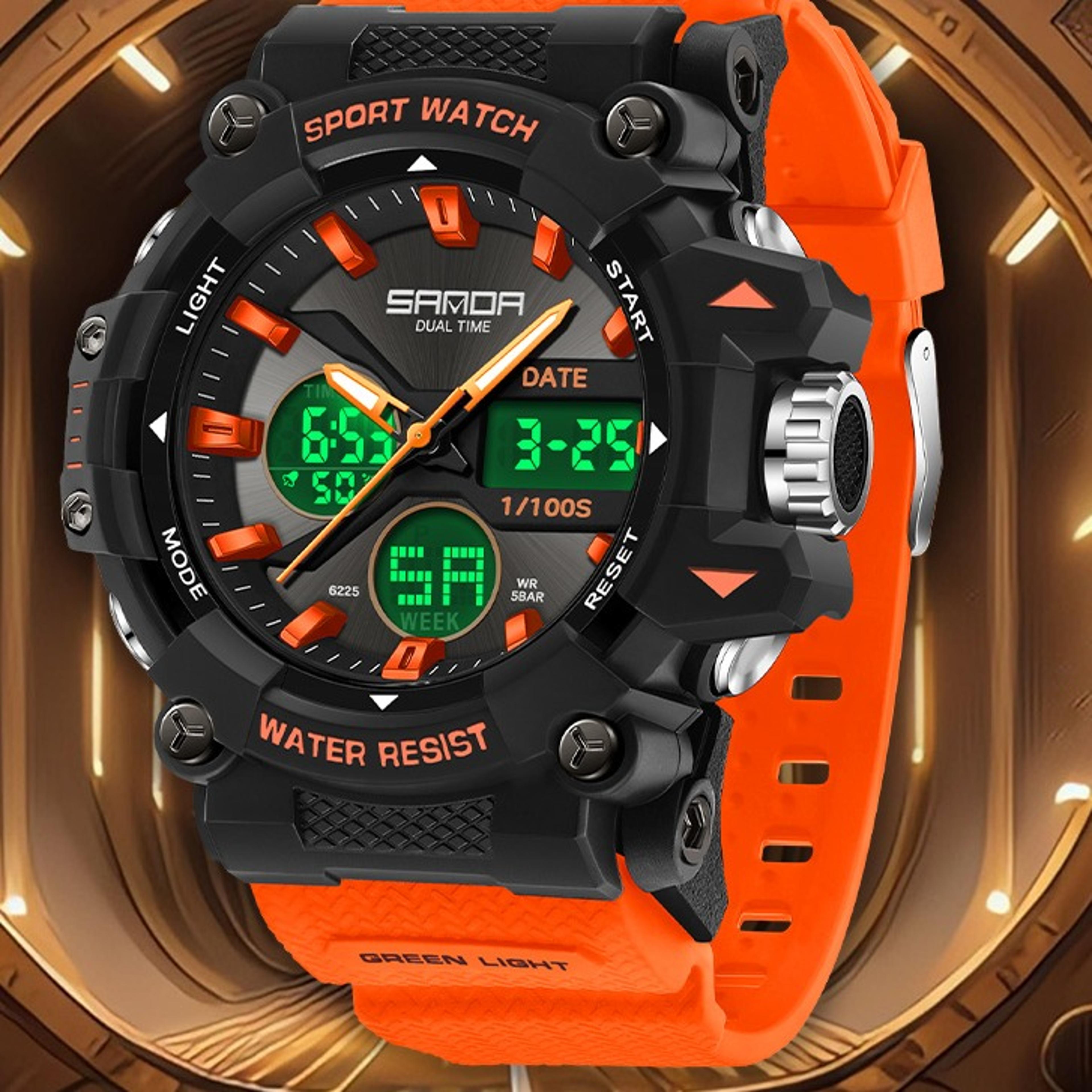 water proof mens sports watch with dual display & timer