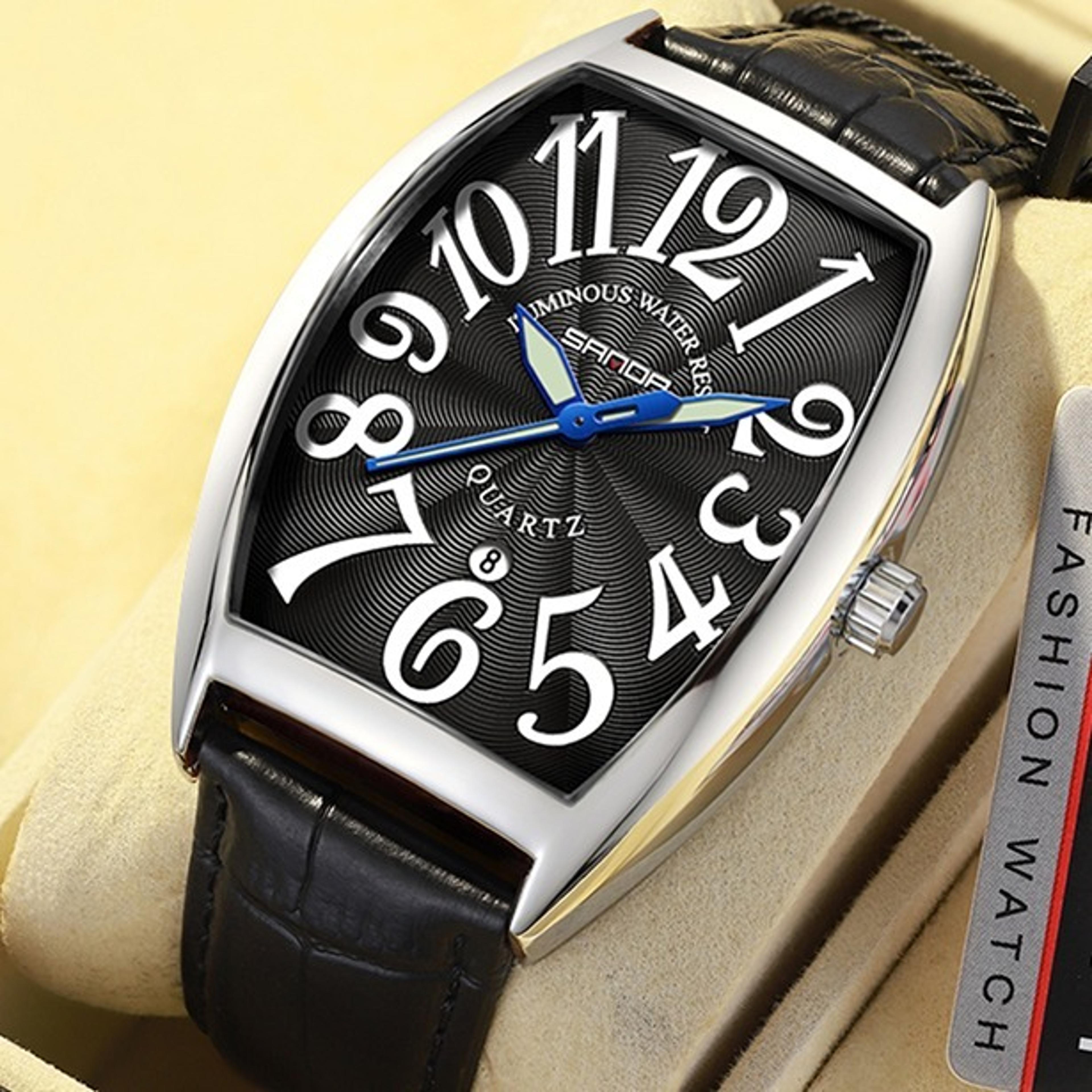 barrel dial mens quartz watch with genuine leather strap and waterproof design