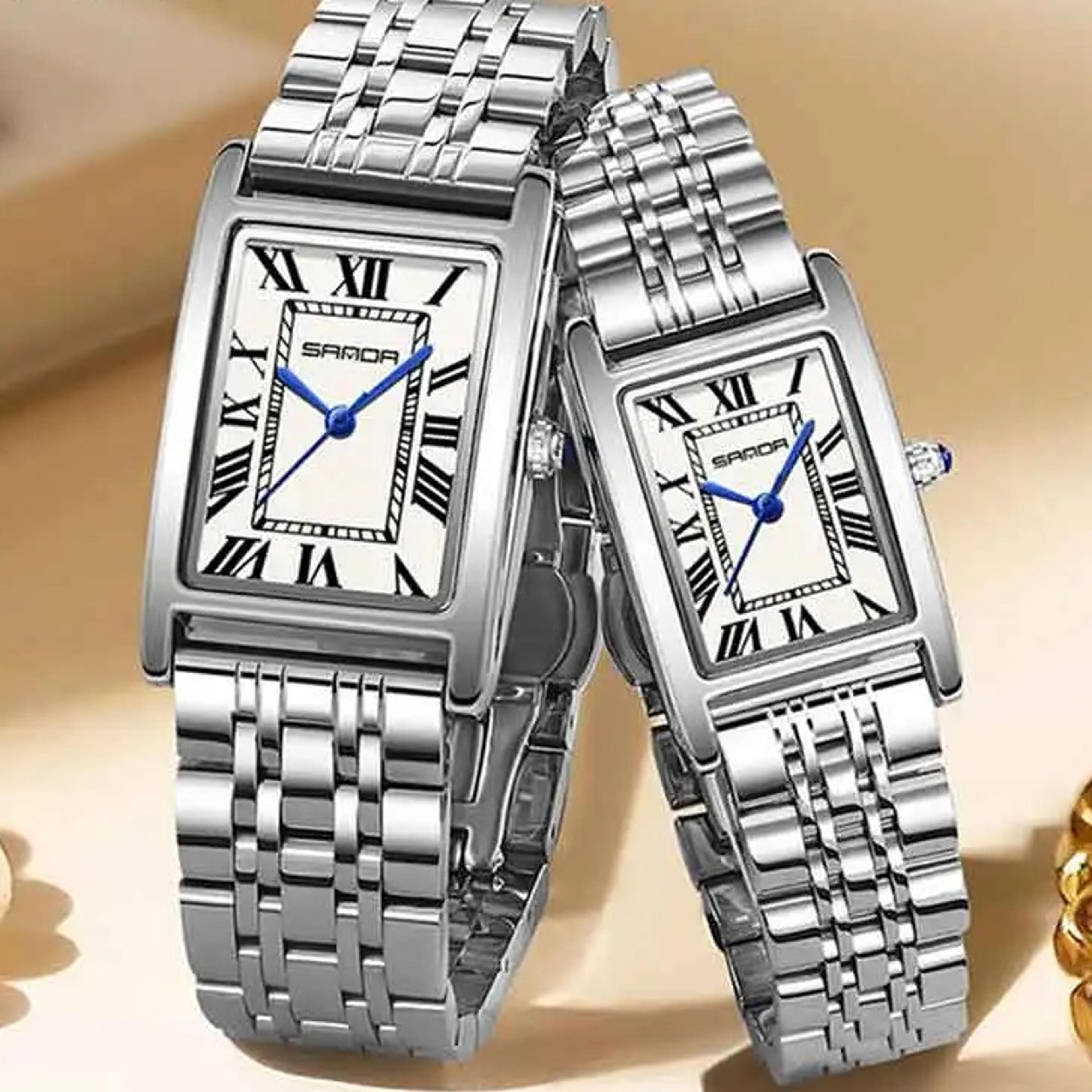 elegant couple watch with rectangular dial, stainless steel strap and quartz movement