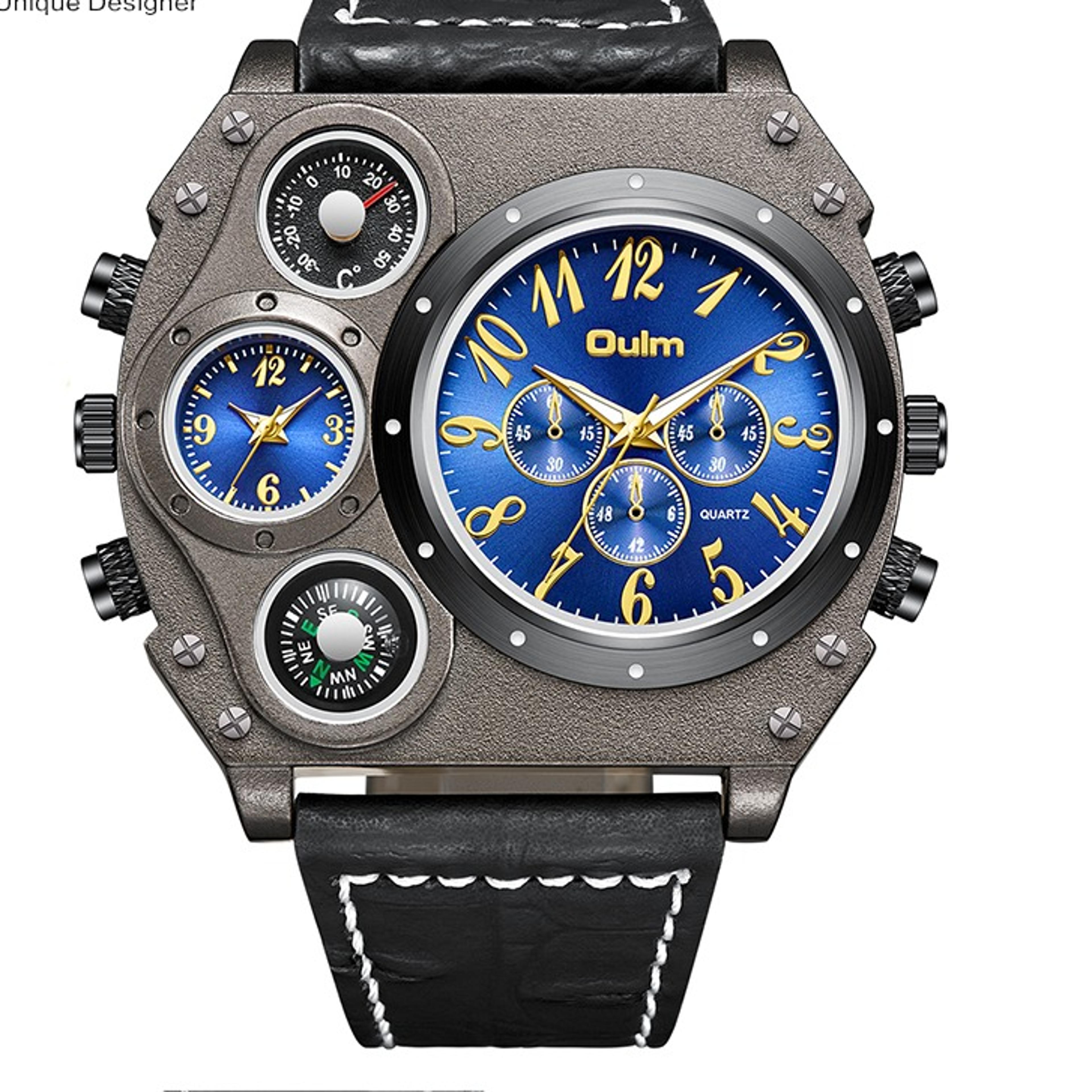 multi time zone mens quartz sports watch with leather strap