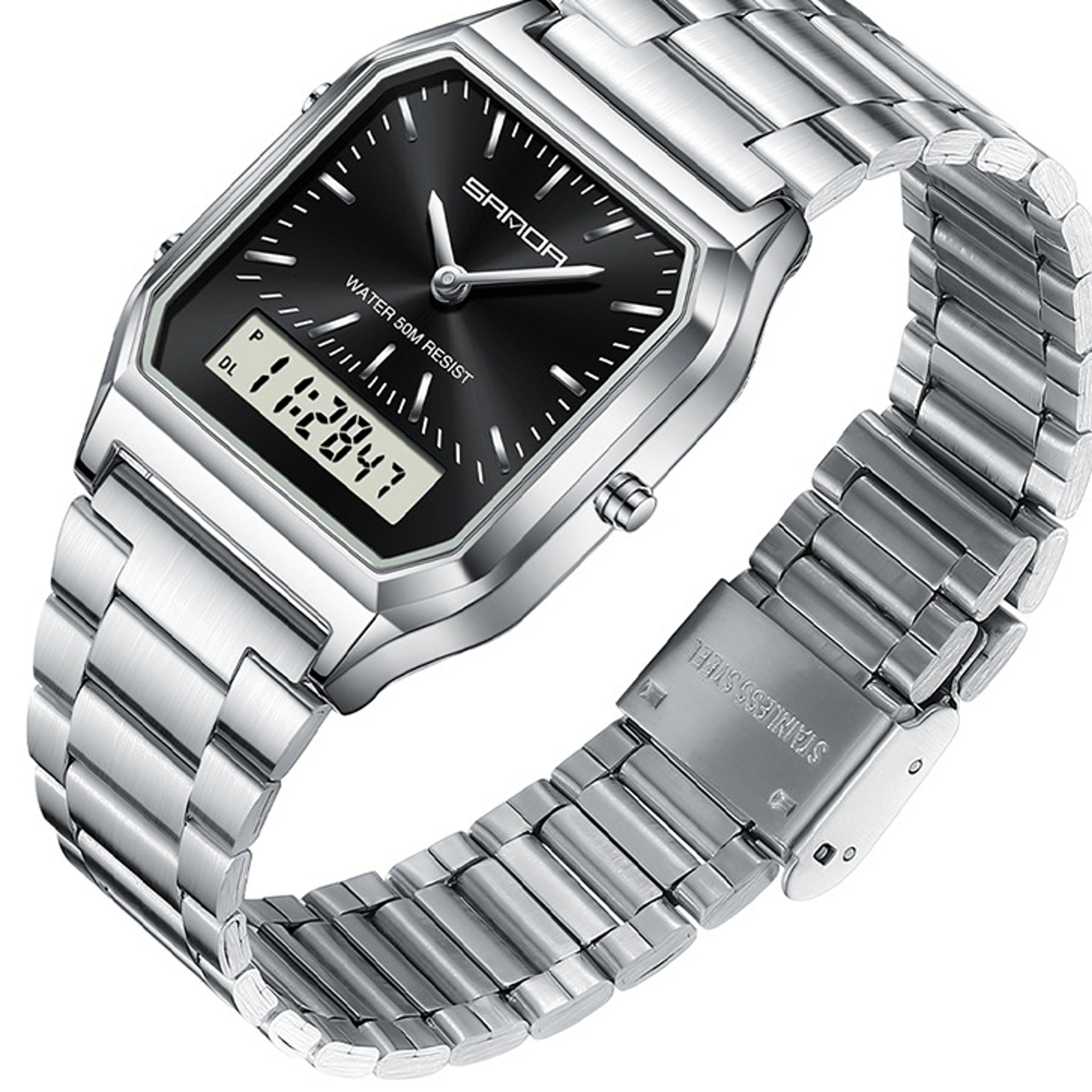 dual display water proof sports watch with stainless steel band