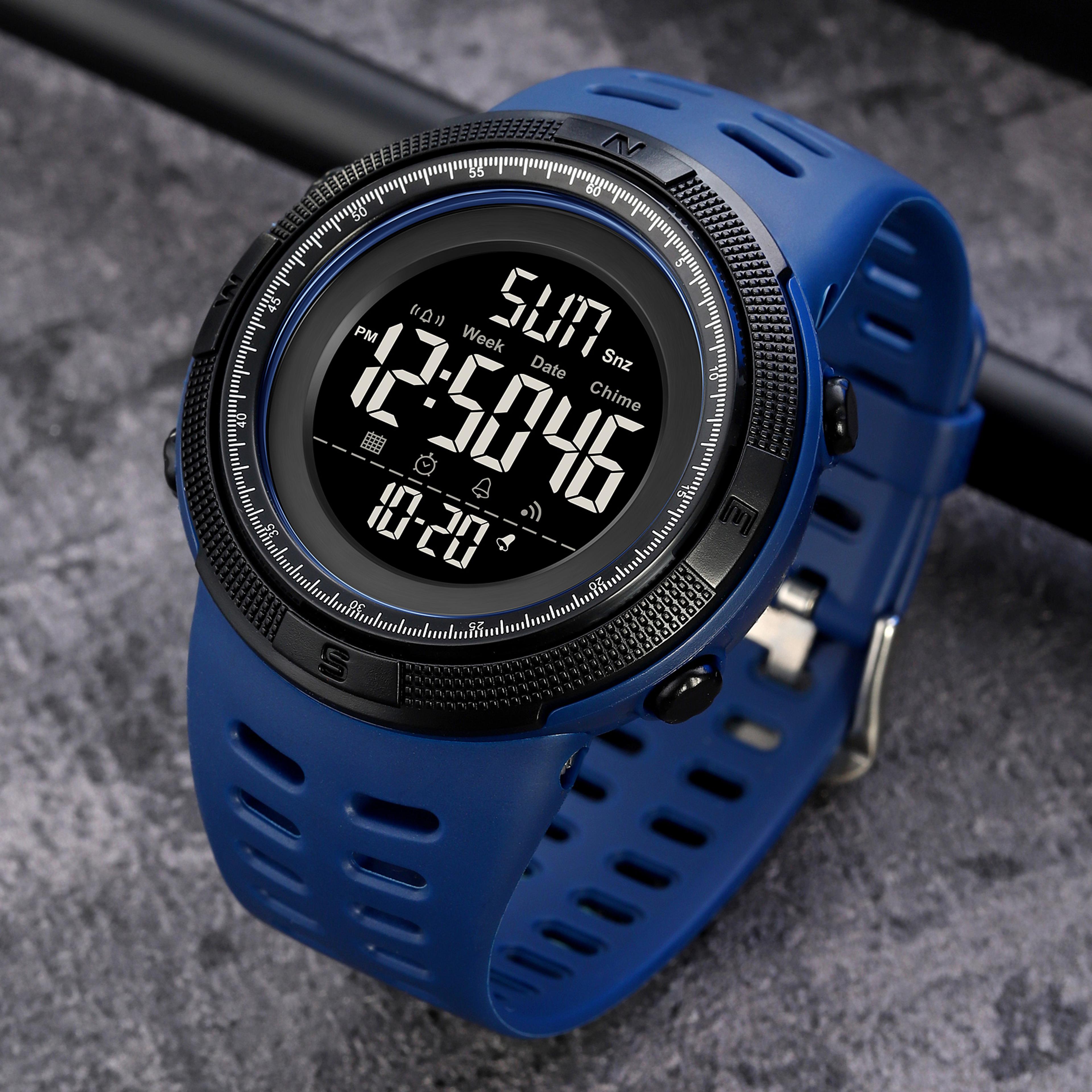 mens digital sports watch with dual time, led back light & 50m water resistance