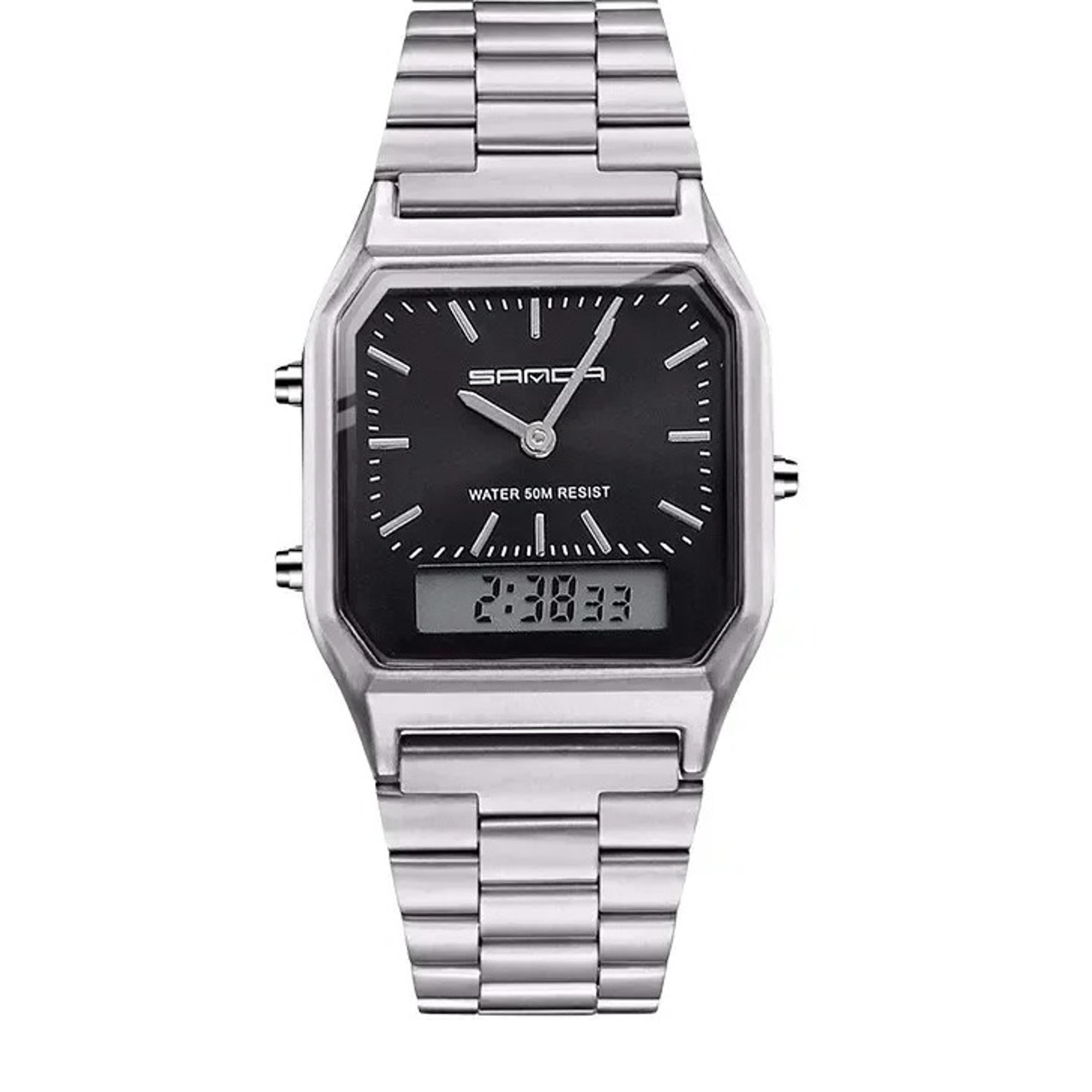 dual display waterproof sports watch with stainless steel band