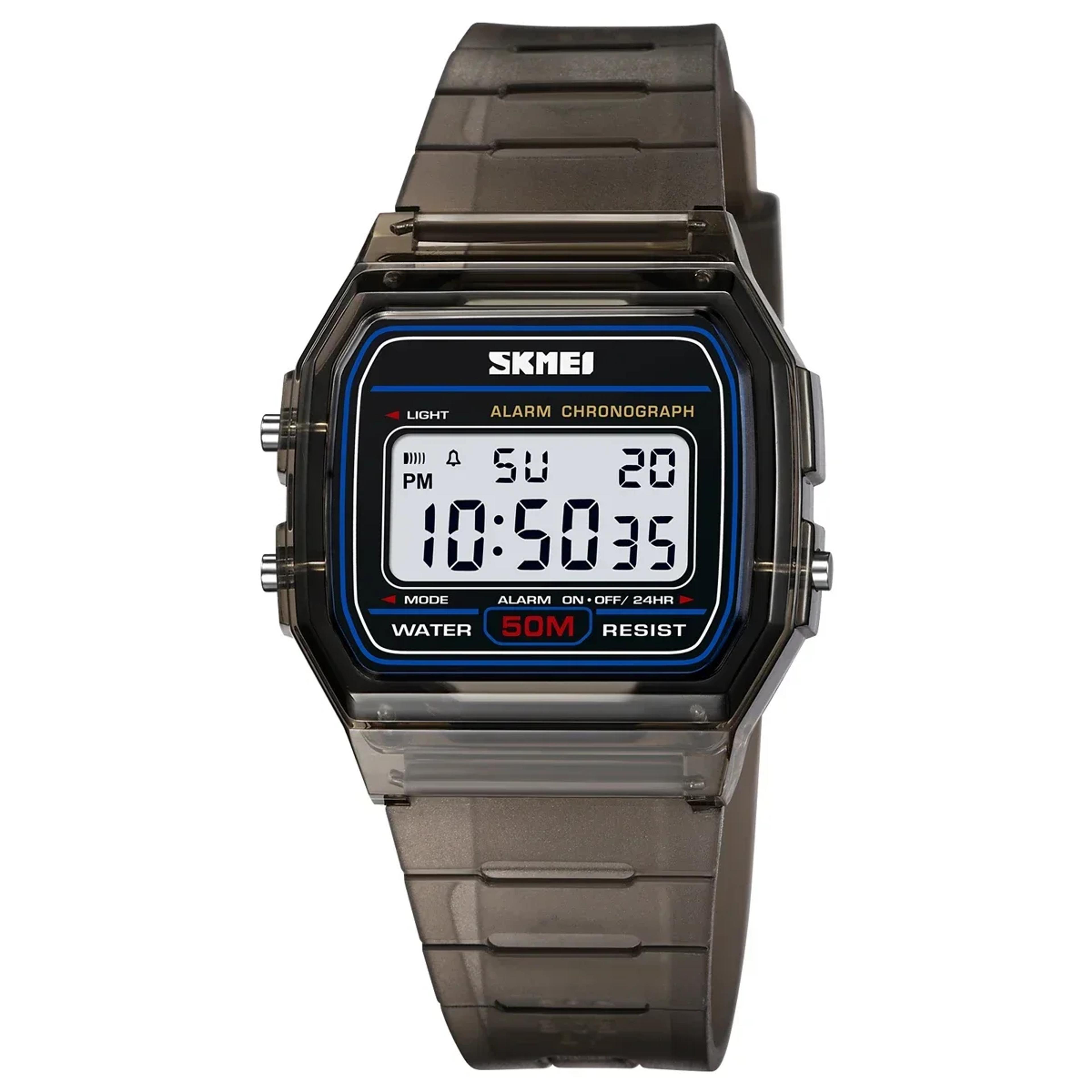 transparent digital watch for women with backlight, stopwatch and water resistance