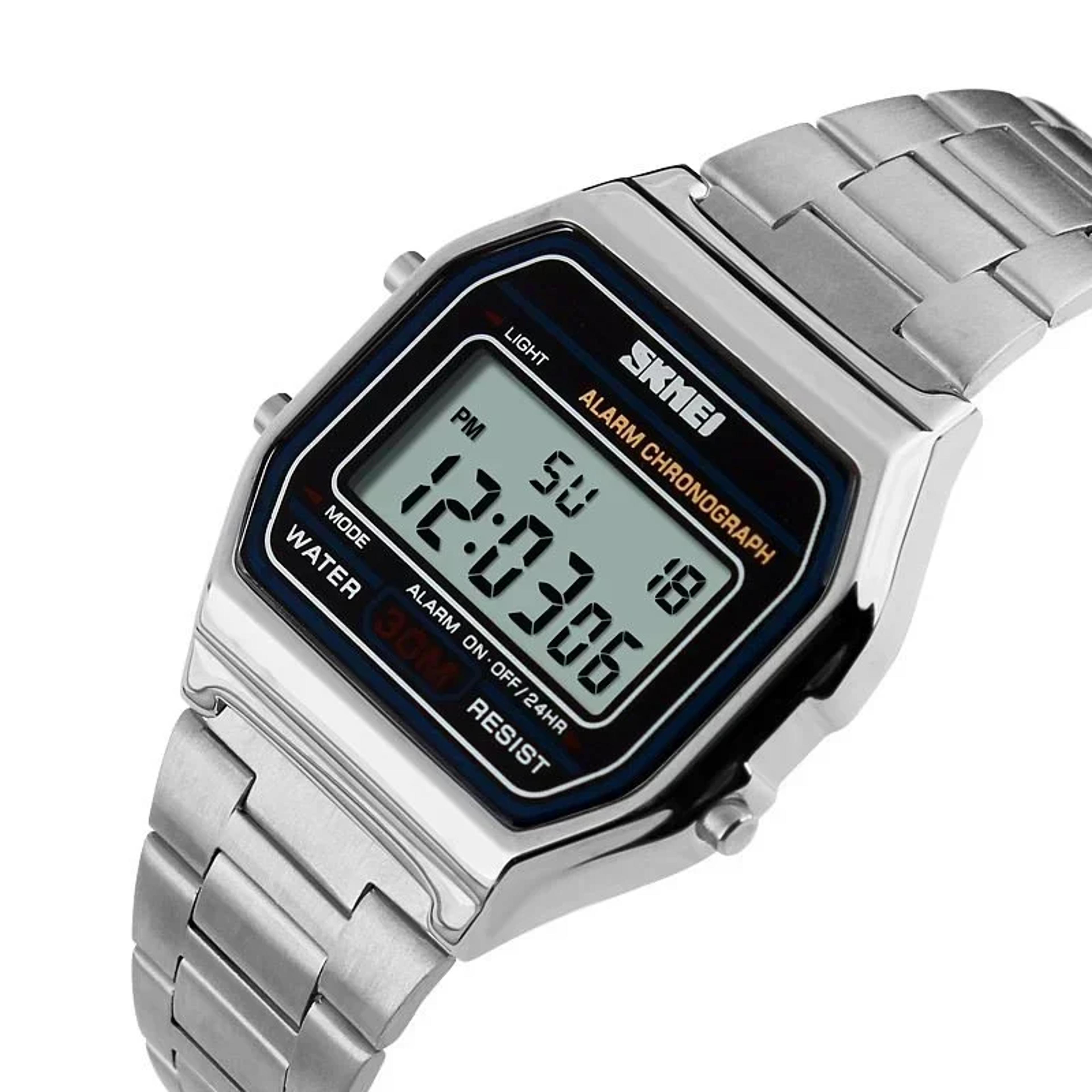 classic stainless steel digital watch with led backlight and water resistance