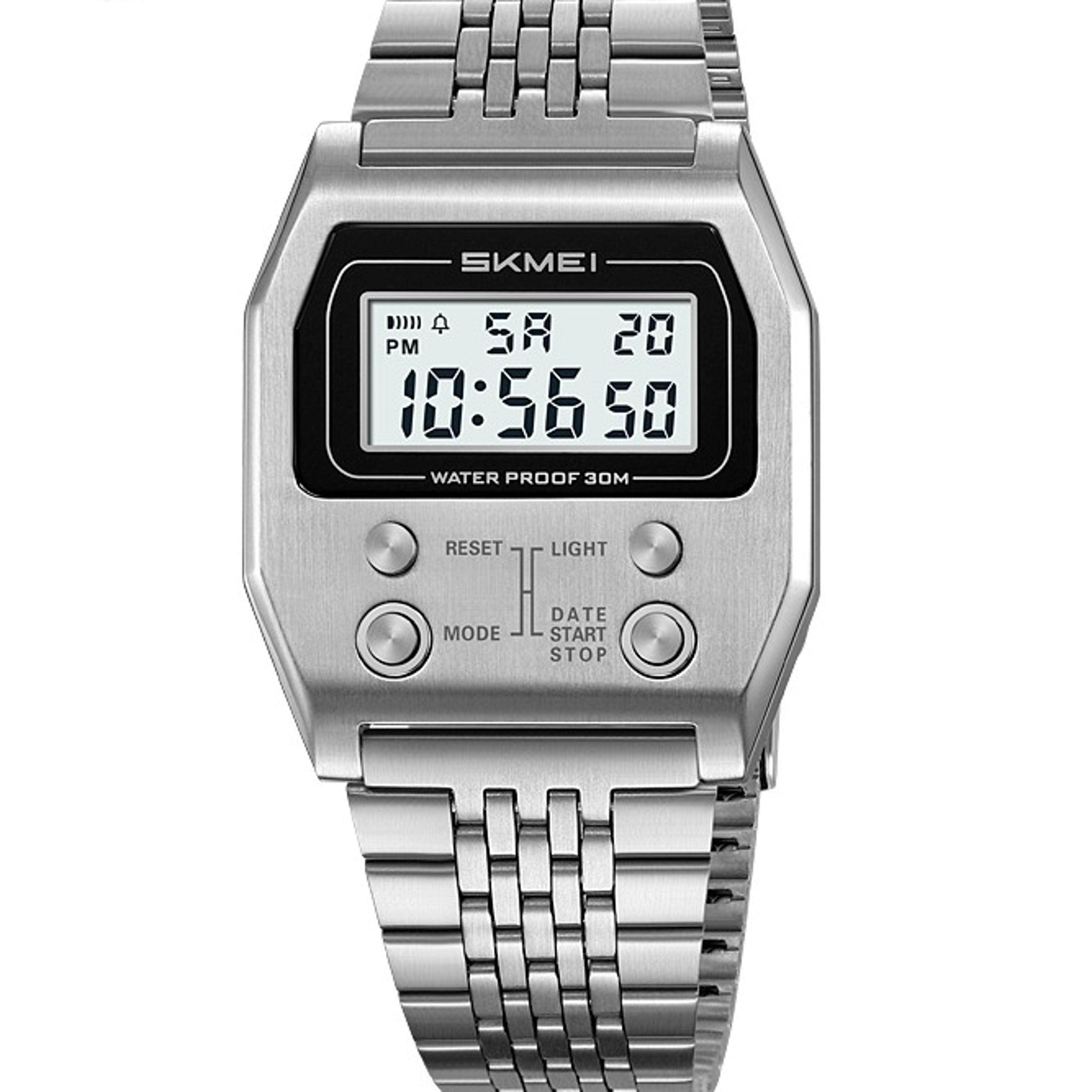 retro stainless steel digital watch for men with el back light and water resistance