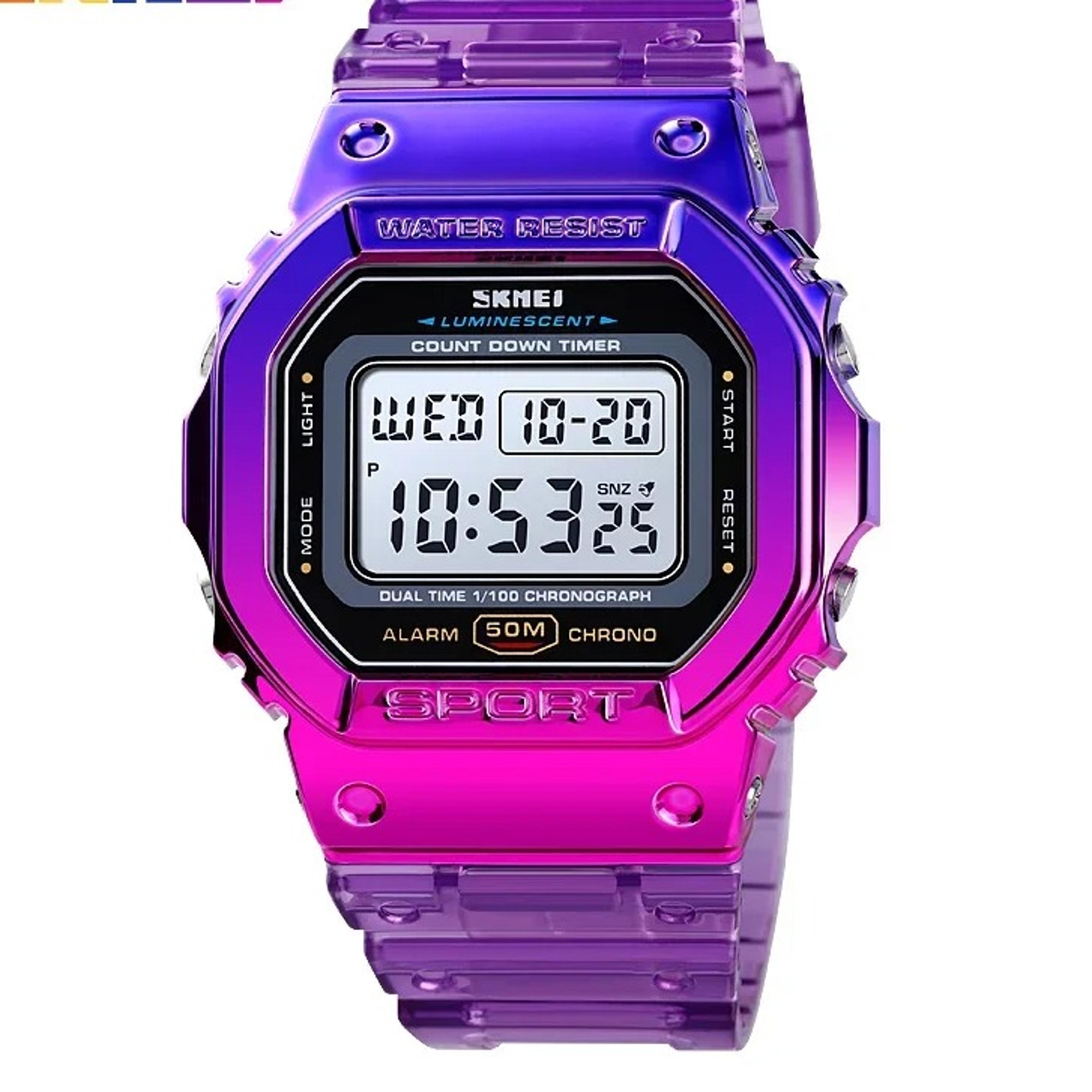 transparent strap digital sports watch for women with dual time, alarm & backlight