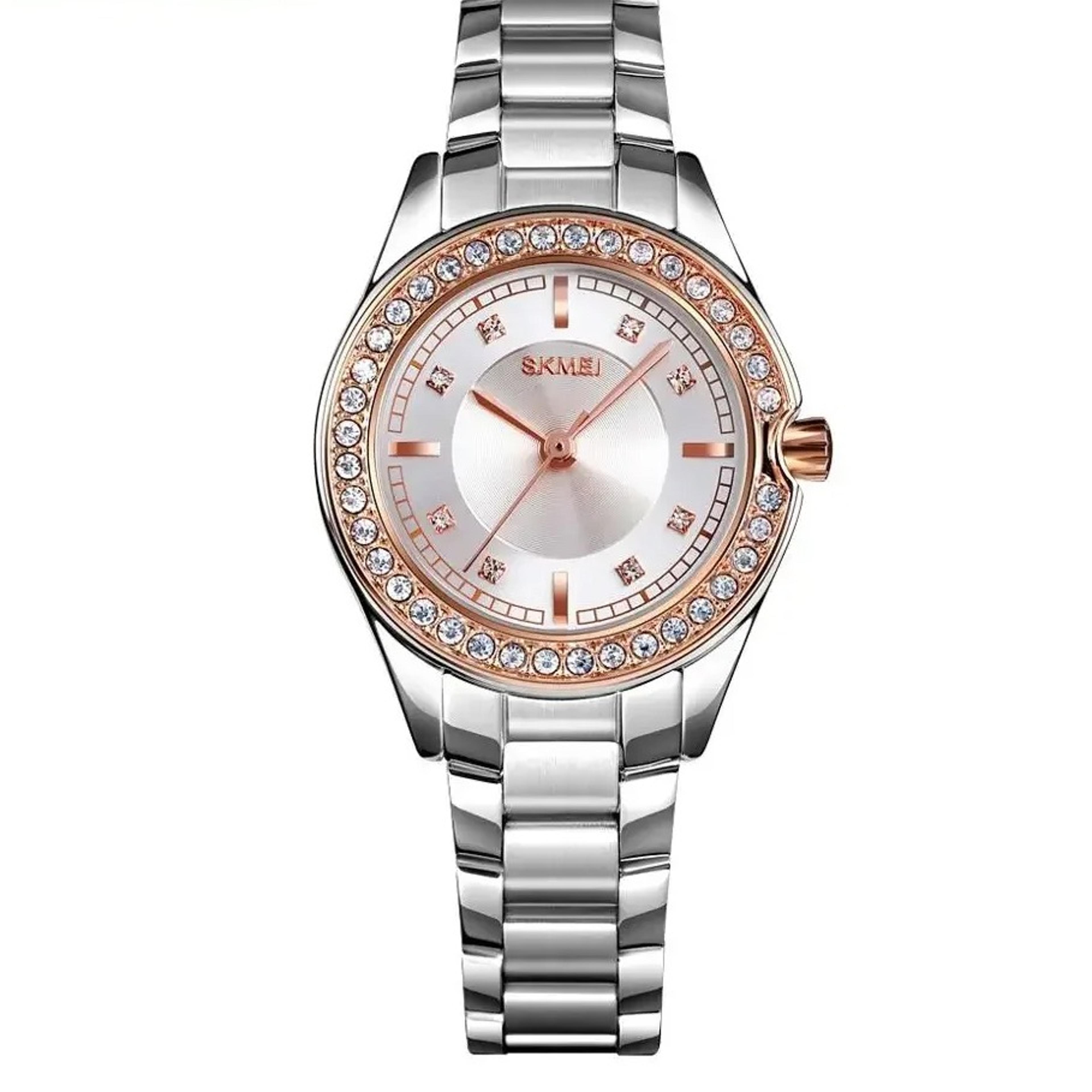 elegant womens quartz watch with stainless steel bracelet and diamond style accents