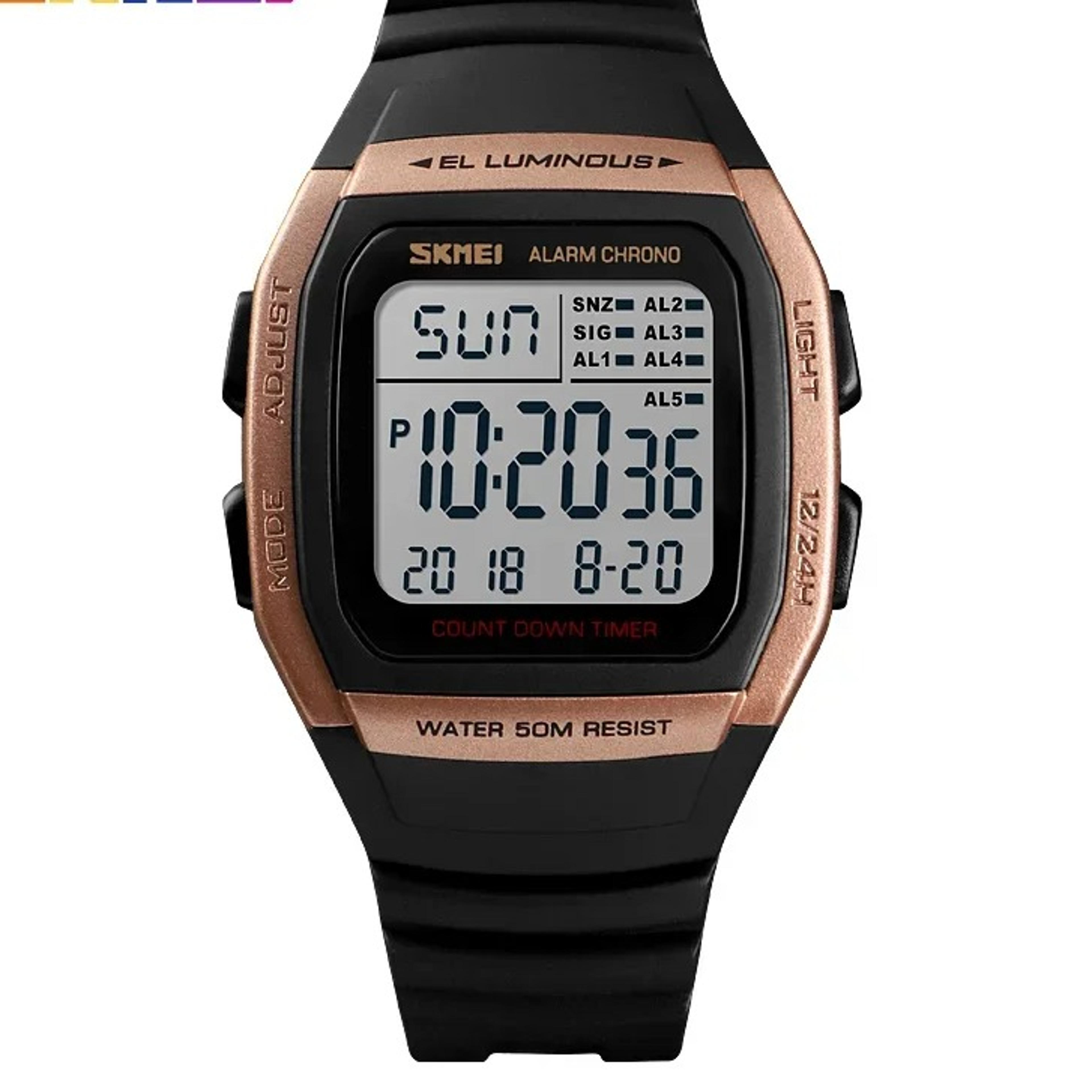 mens digital sports watch with dual time, countdown timer and water resistance
