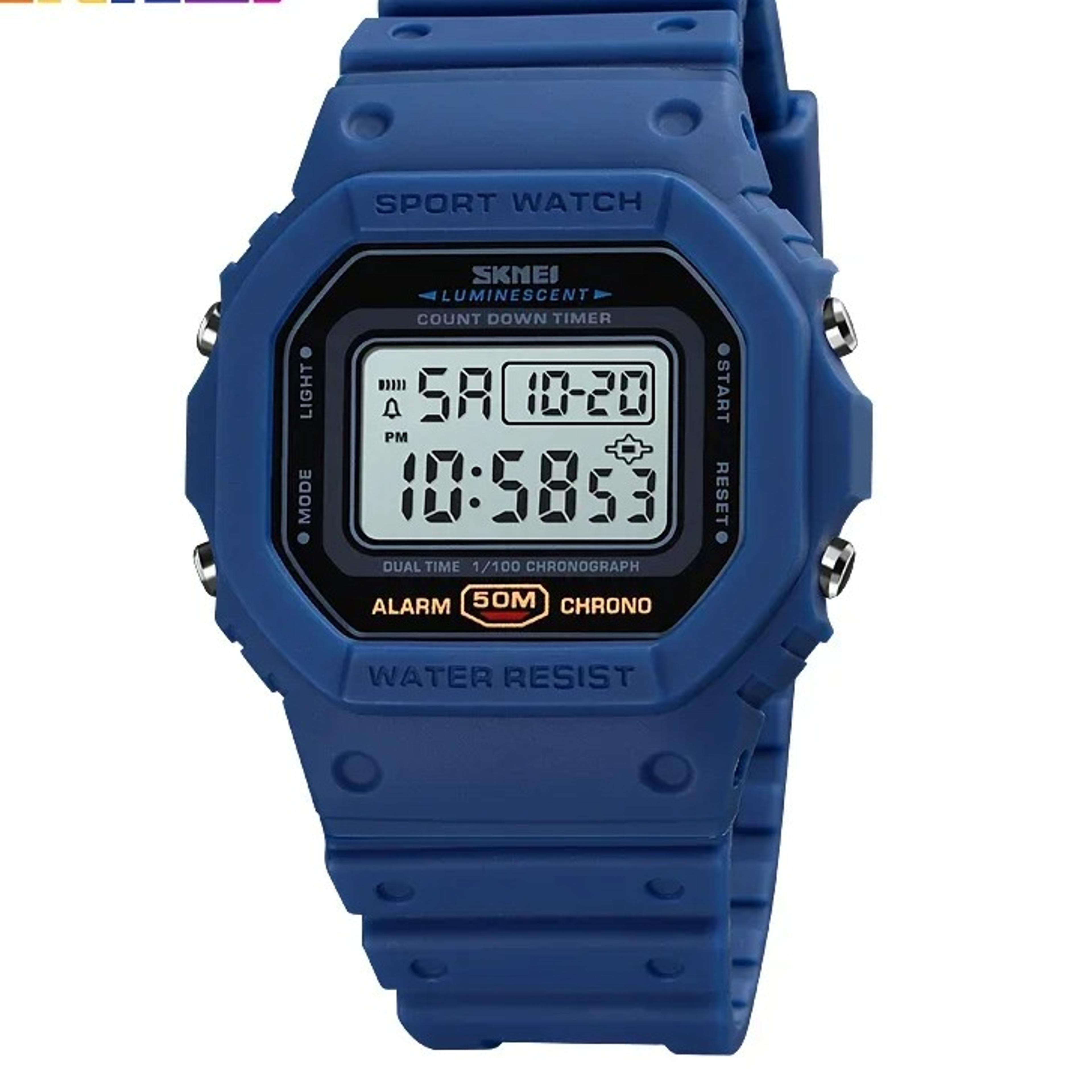 retro digital sports watch for men with dual time, countdown timer & water resistance