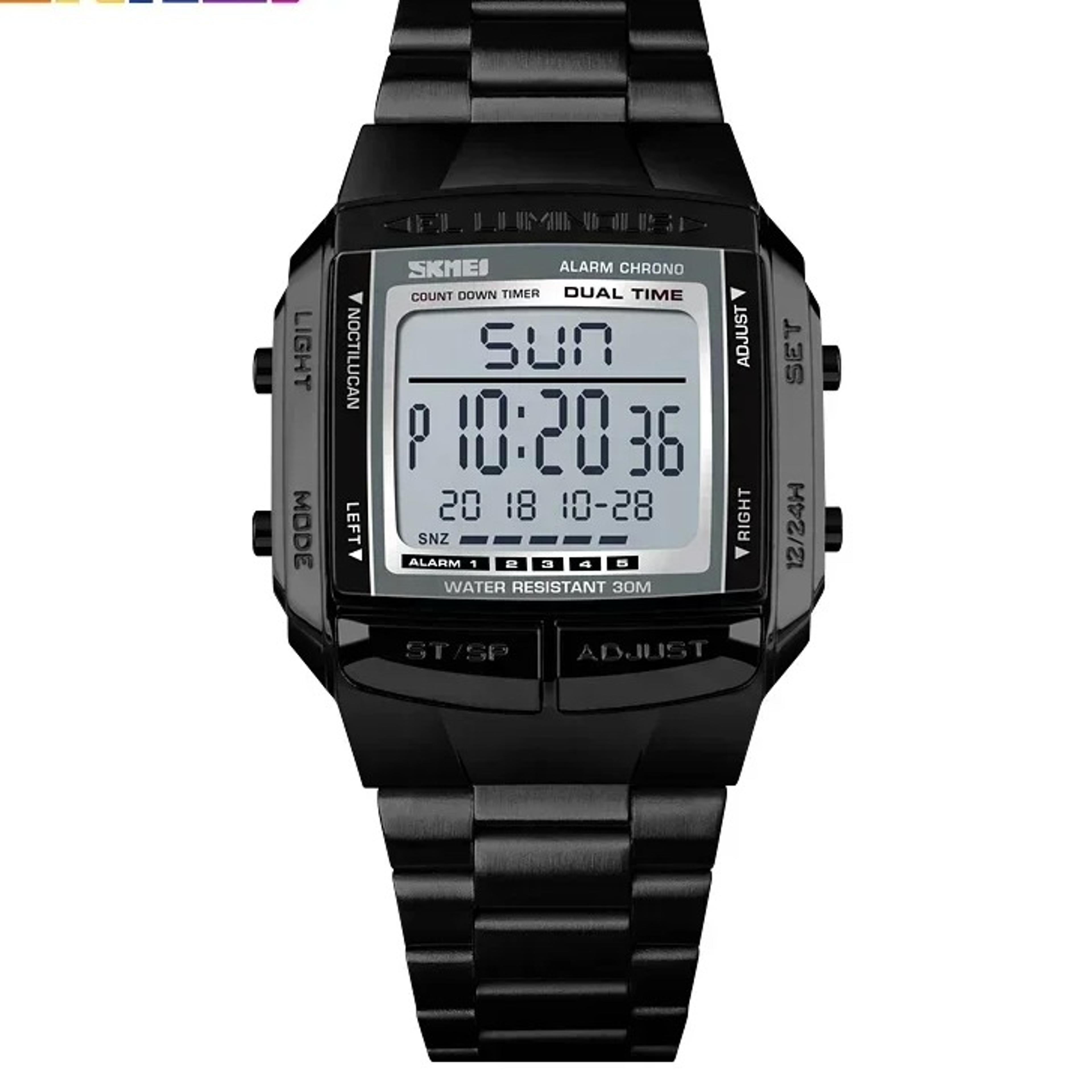 mens digital sports watch with dual time, countdown timer & stainless steel band