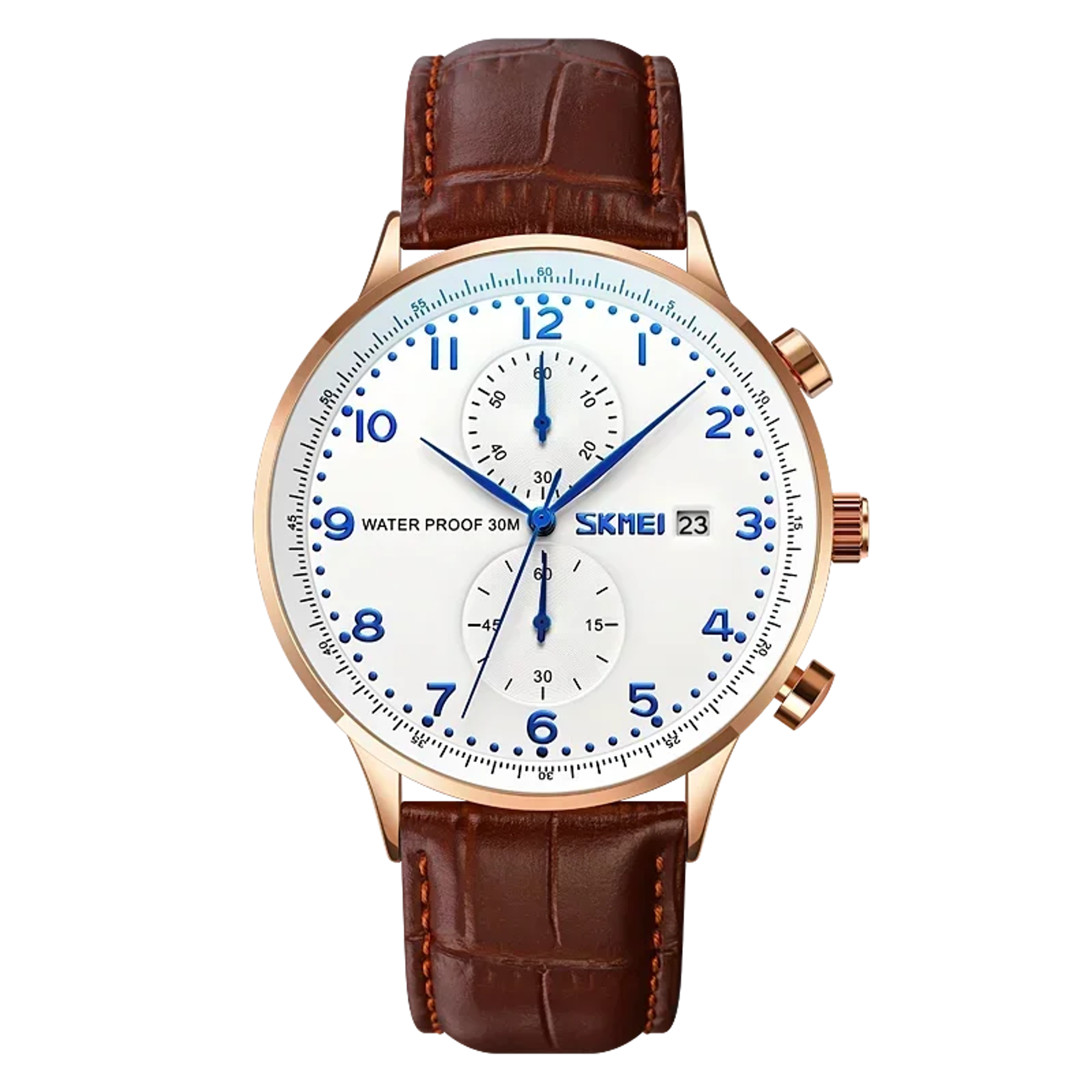 classic mens leather strap watch with chronograph, date and water resistance