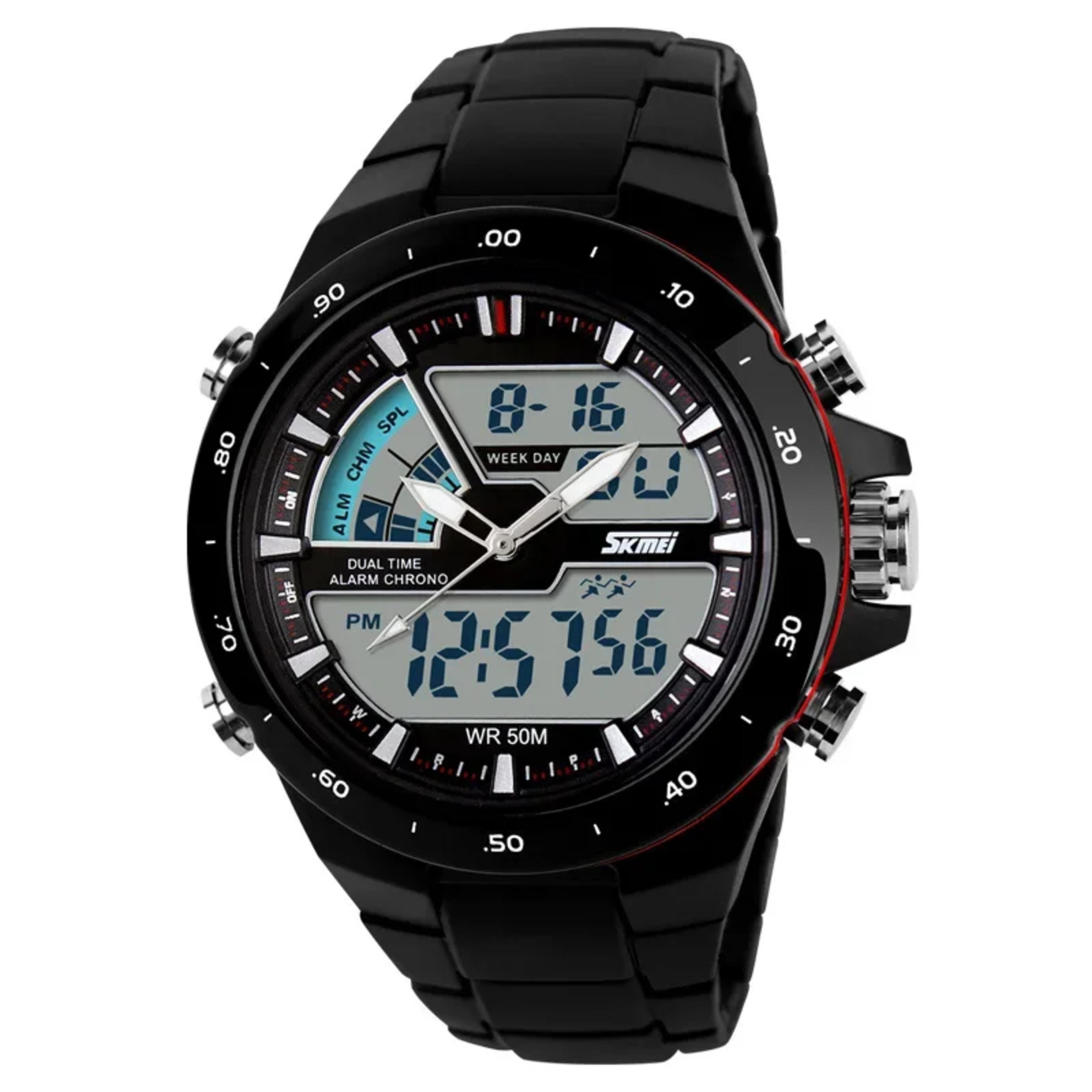 mens dual display sports watch water resistant chronograph with alarm