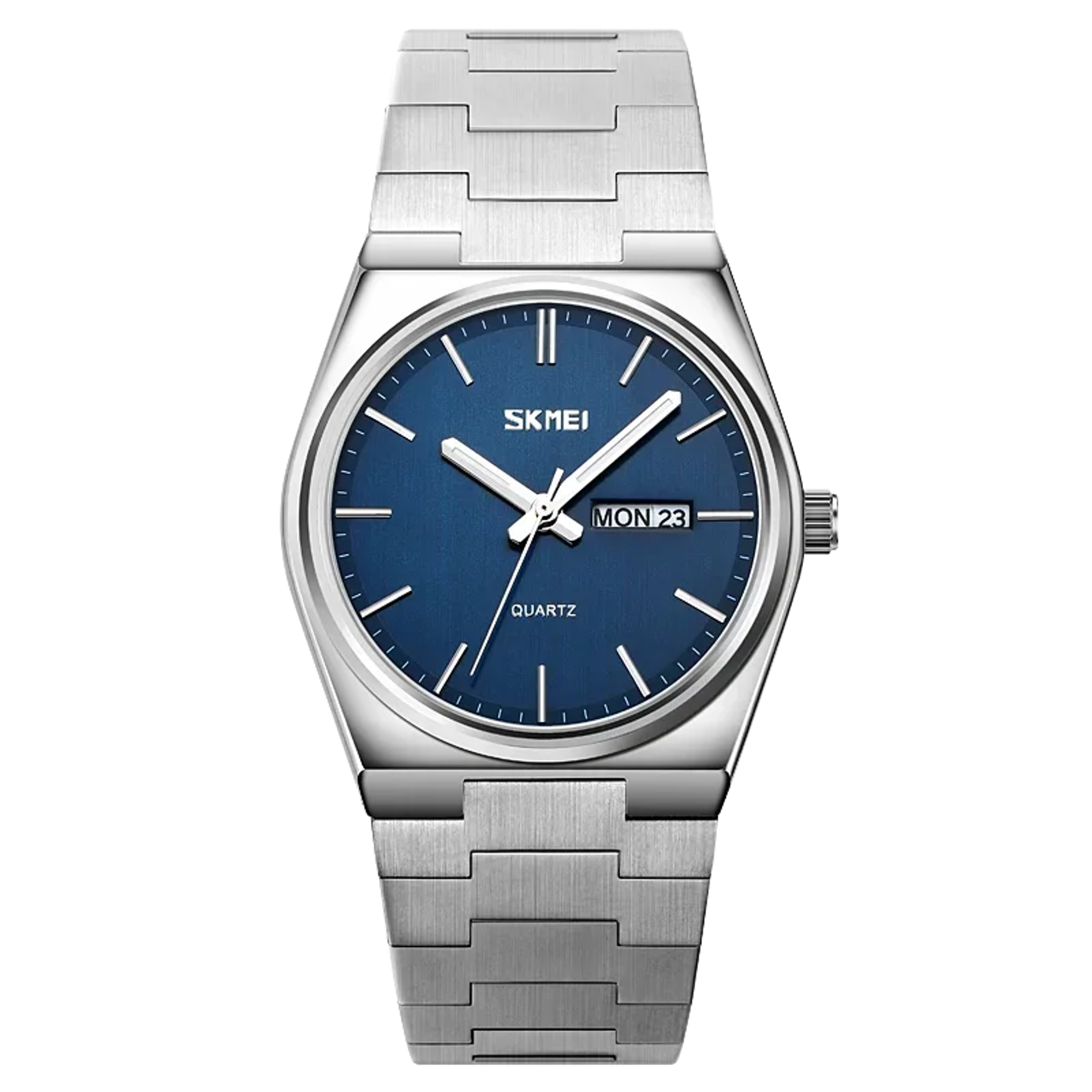 classic stainless steel quartz watch for men with day date display and water resistance