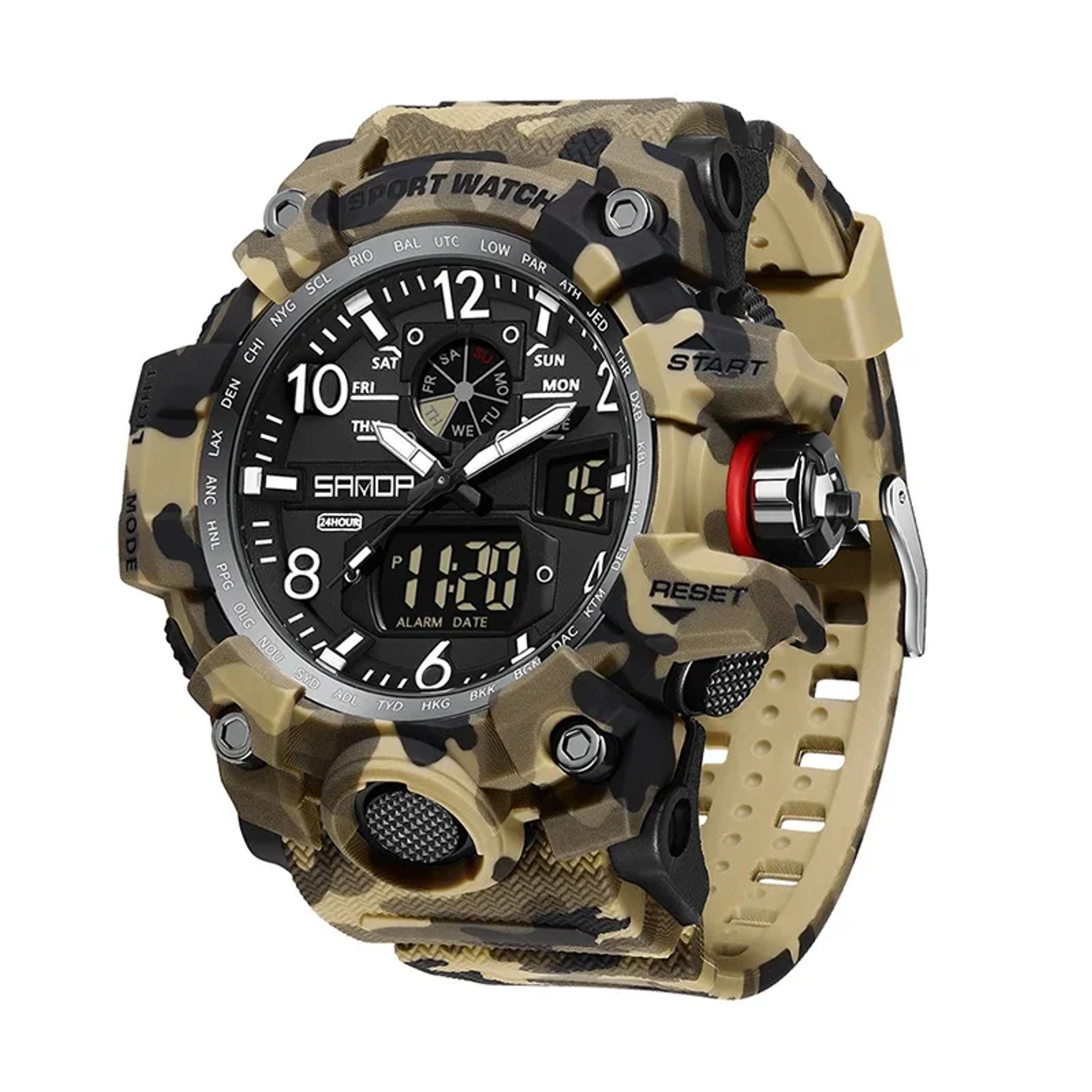 military digital watch with dual display, led backlight & water resistance