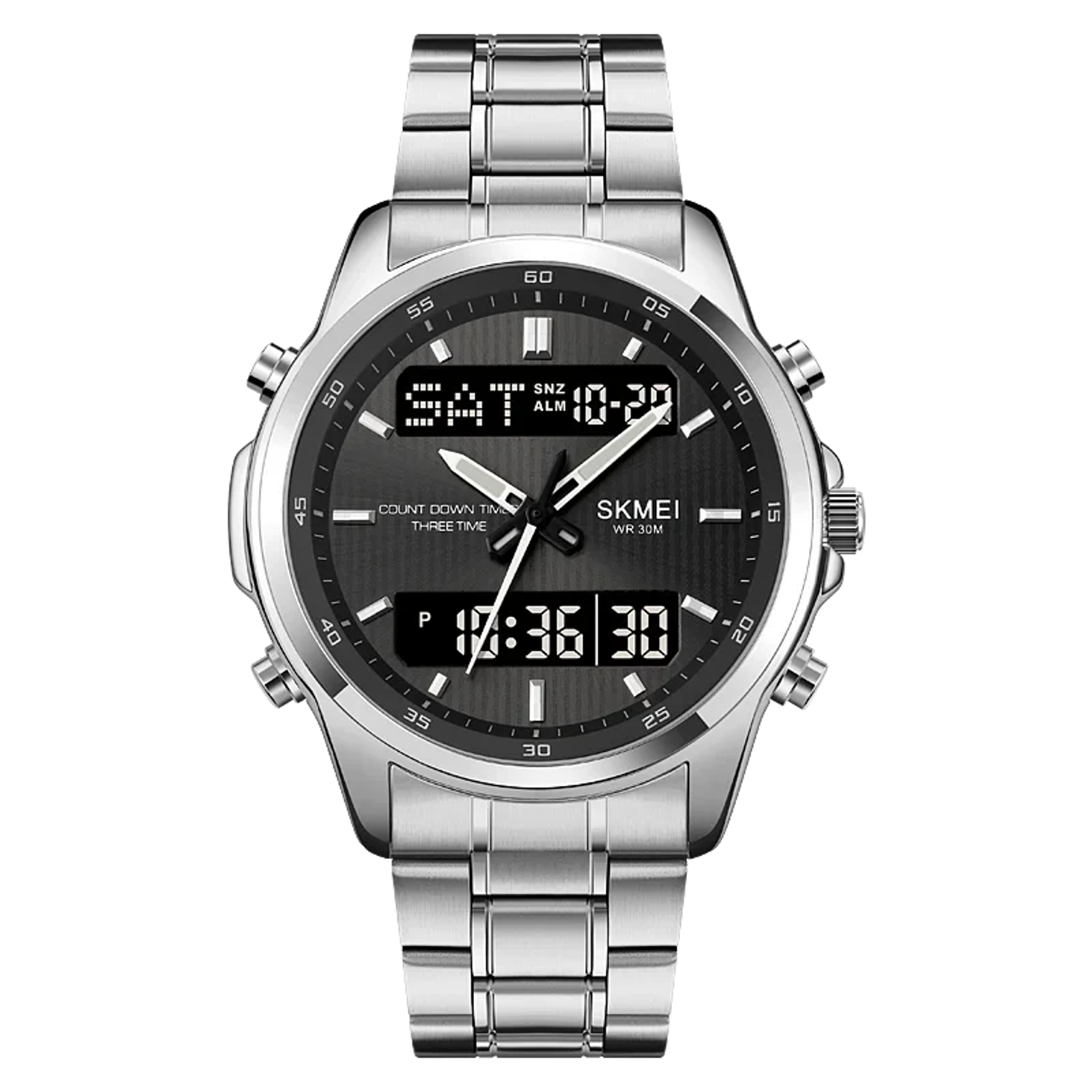 mens digital sport watch with triple time, countdown timer and stainless steel band