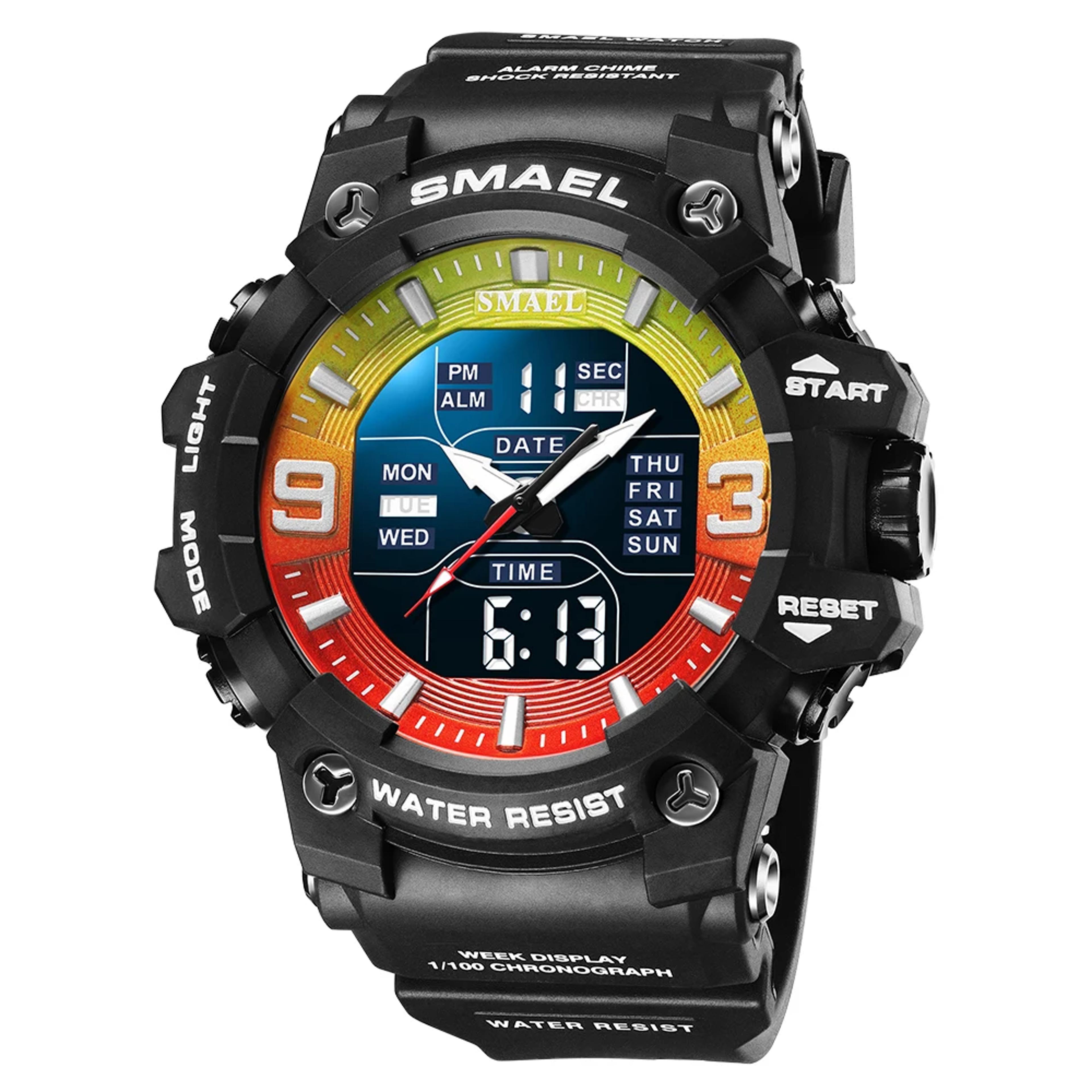 rugged water proof sports watch with dual analog digital display