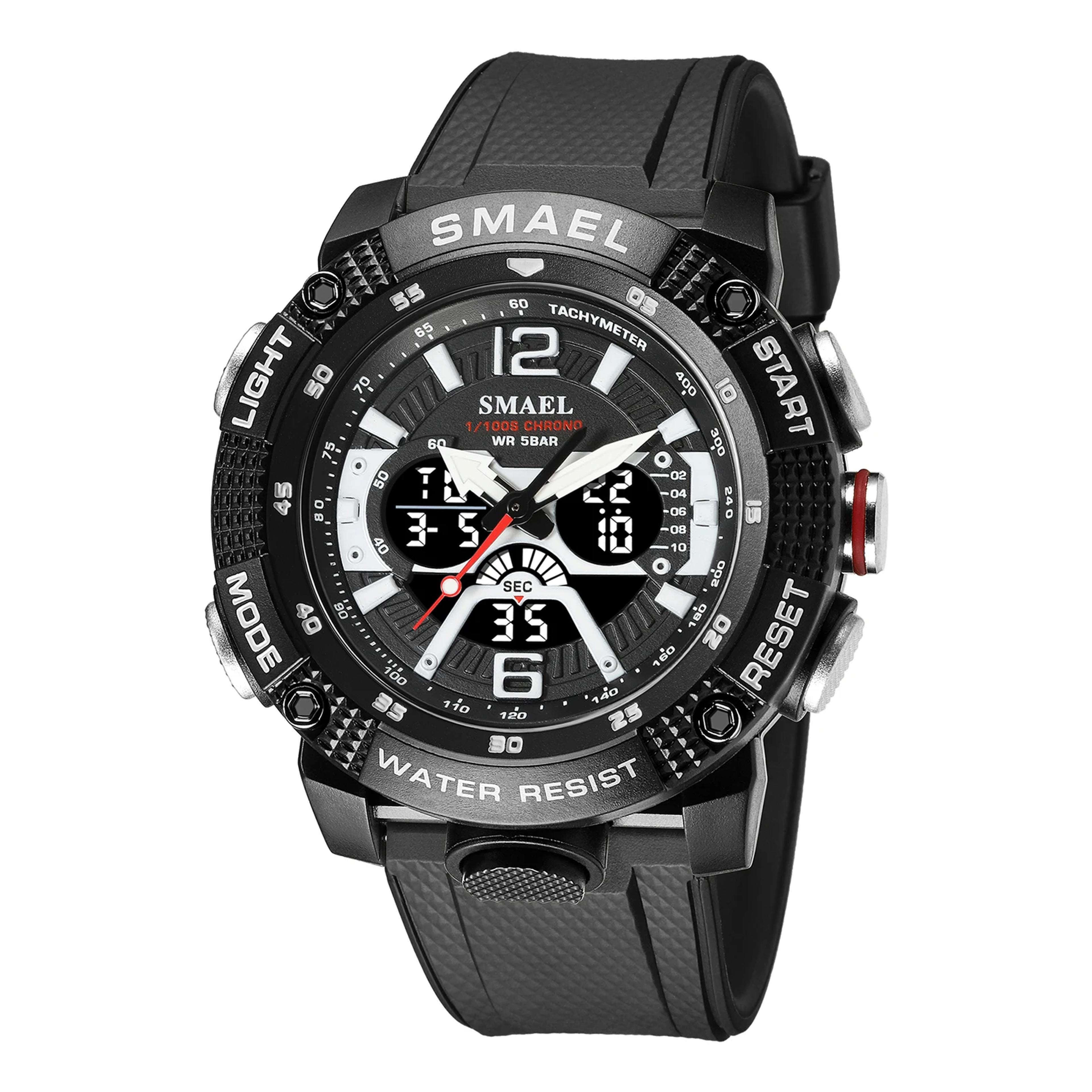 mens sports watch with dual display, water resistance and night light