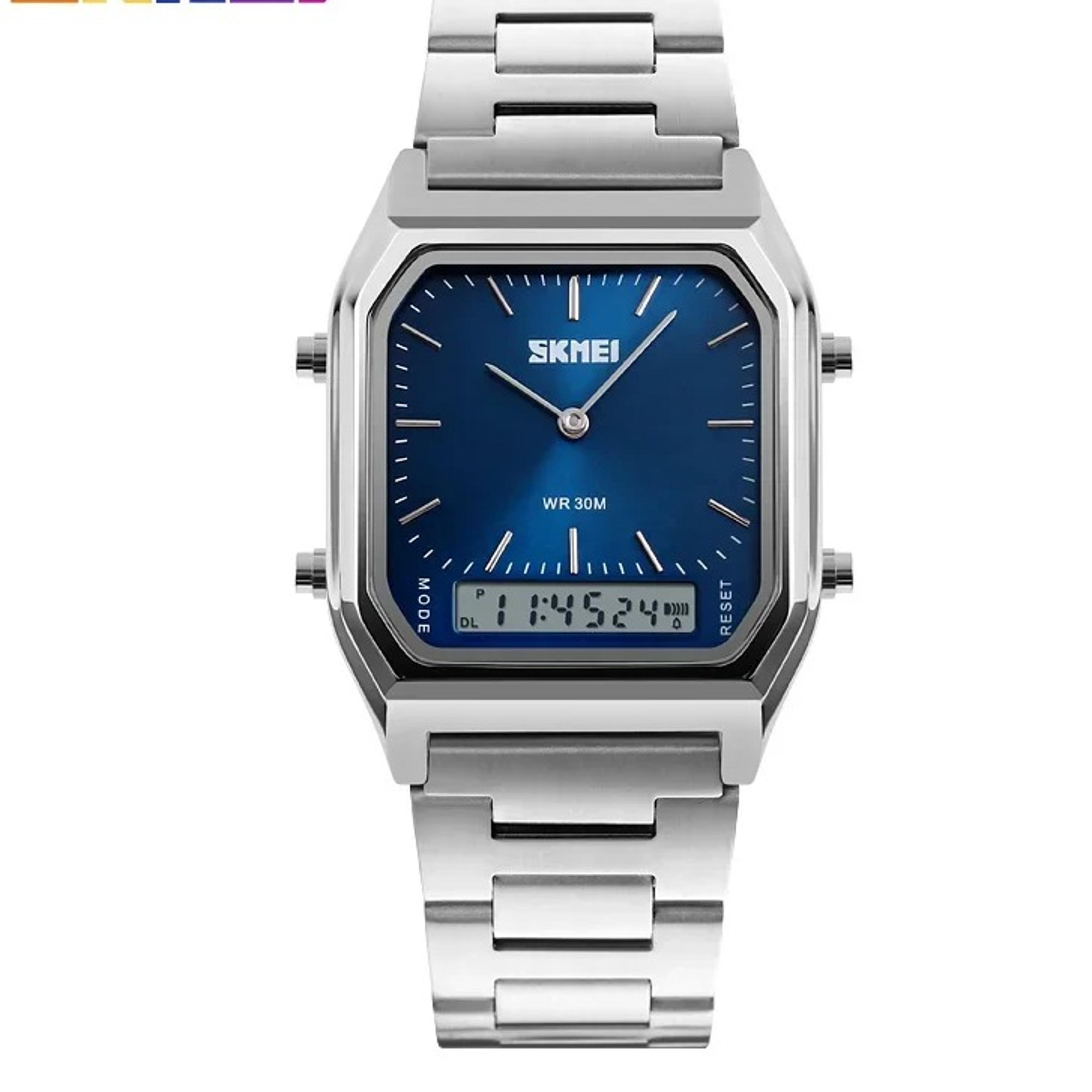 mens analog digital watch with dual time, chronograph and stainless steel band
