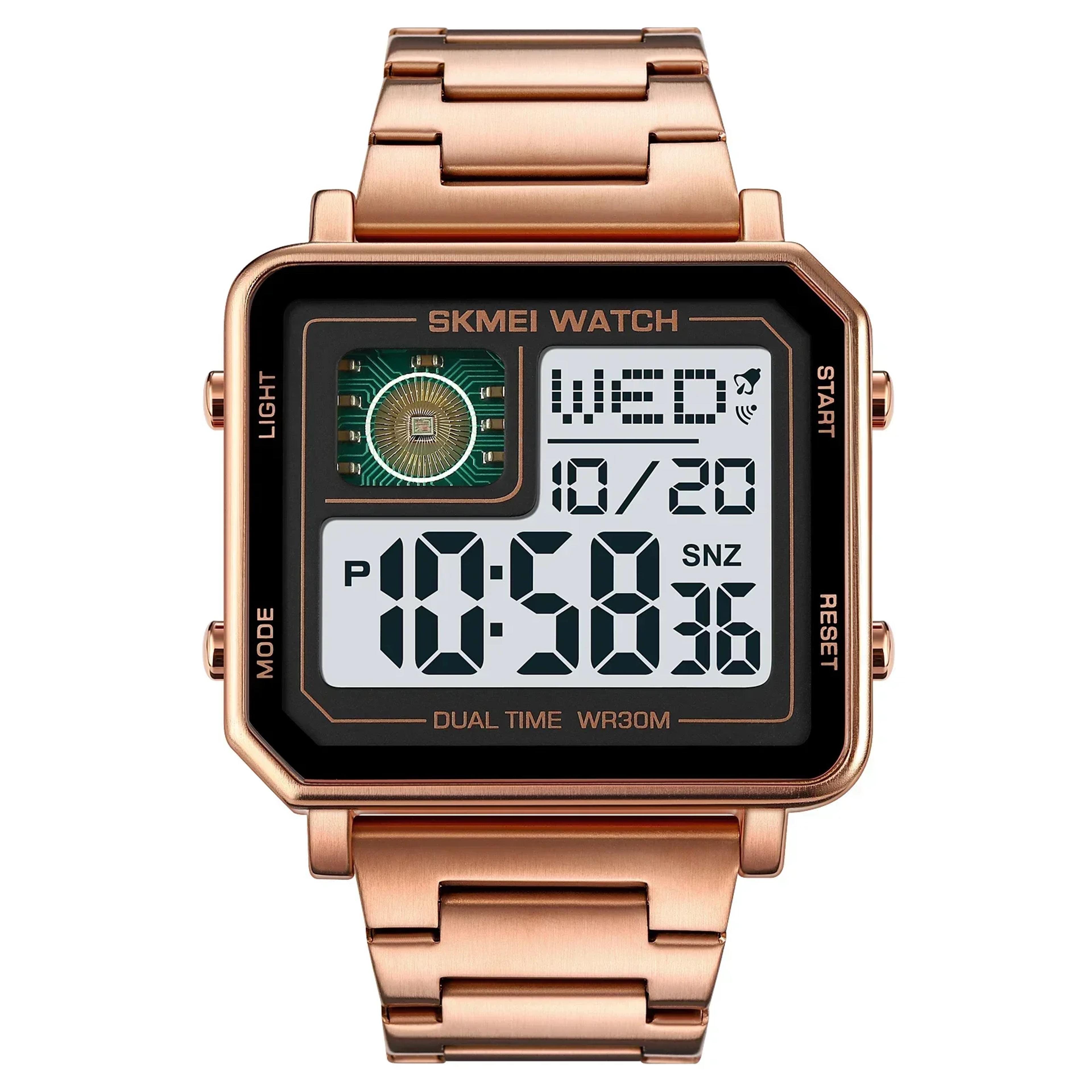 mens digital watch with stainless steel band, dual time and led backlight