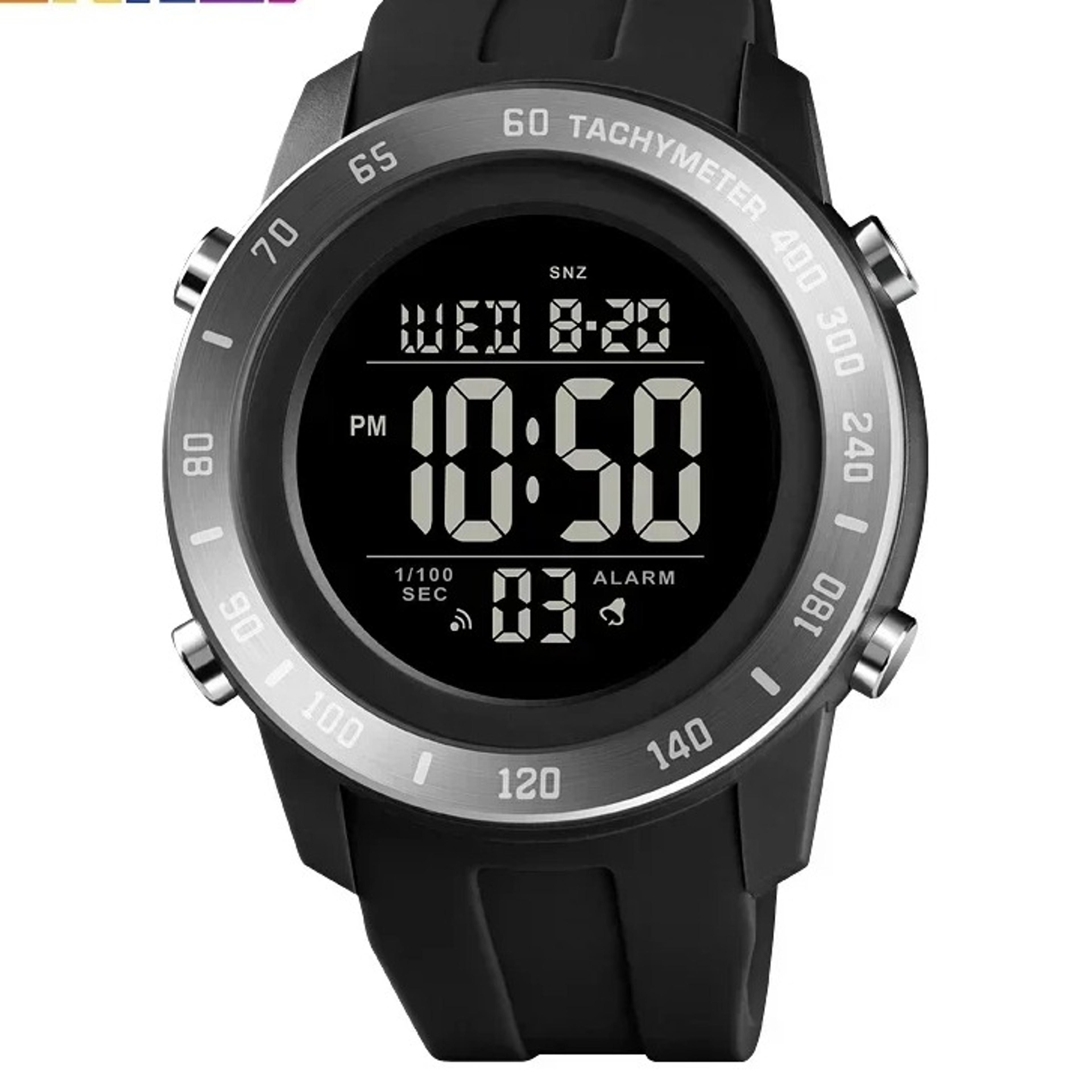 mens digital sports watch with dual time, countdown timer & water resistance