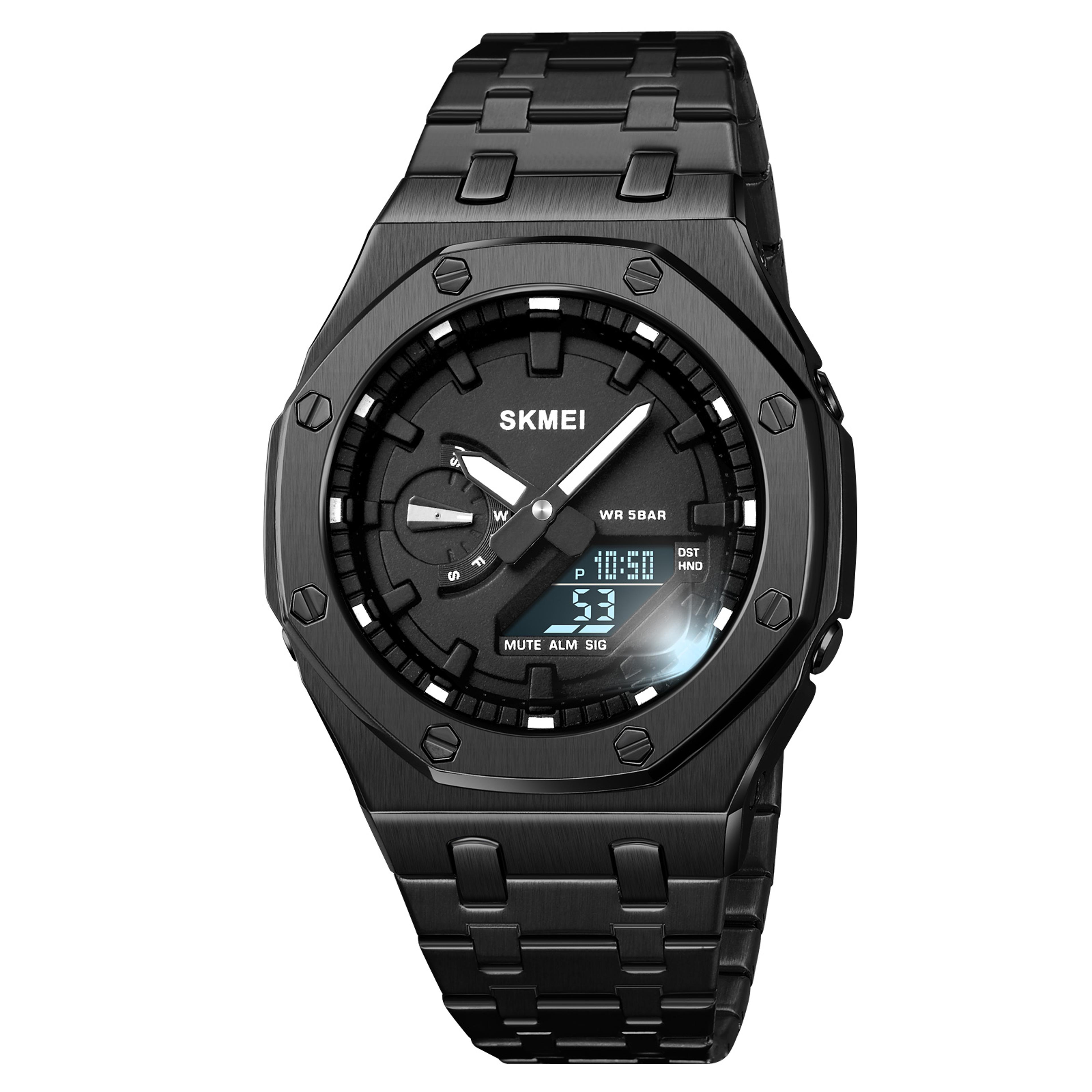 analog digital mens watch with stainless steel band and water resistance