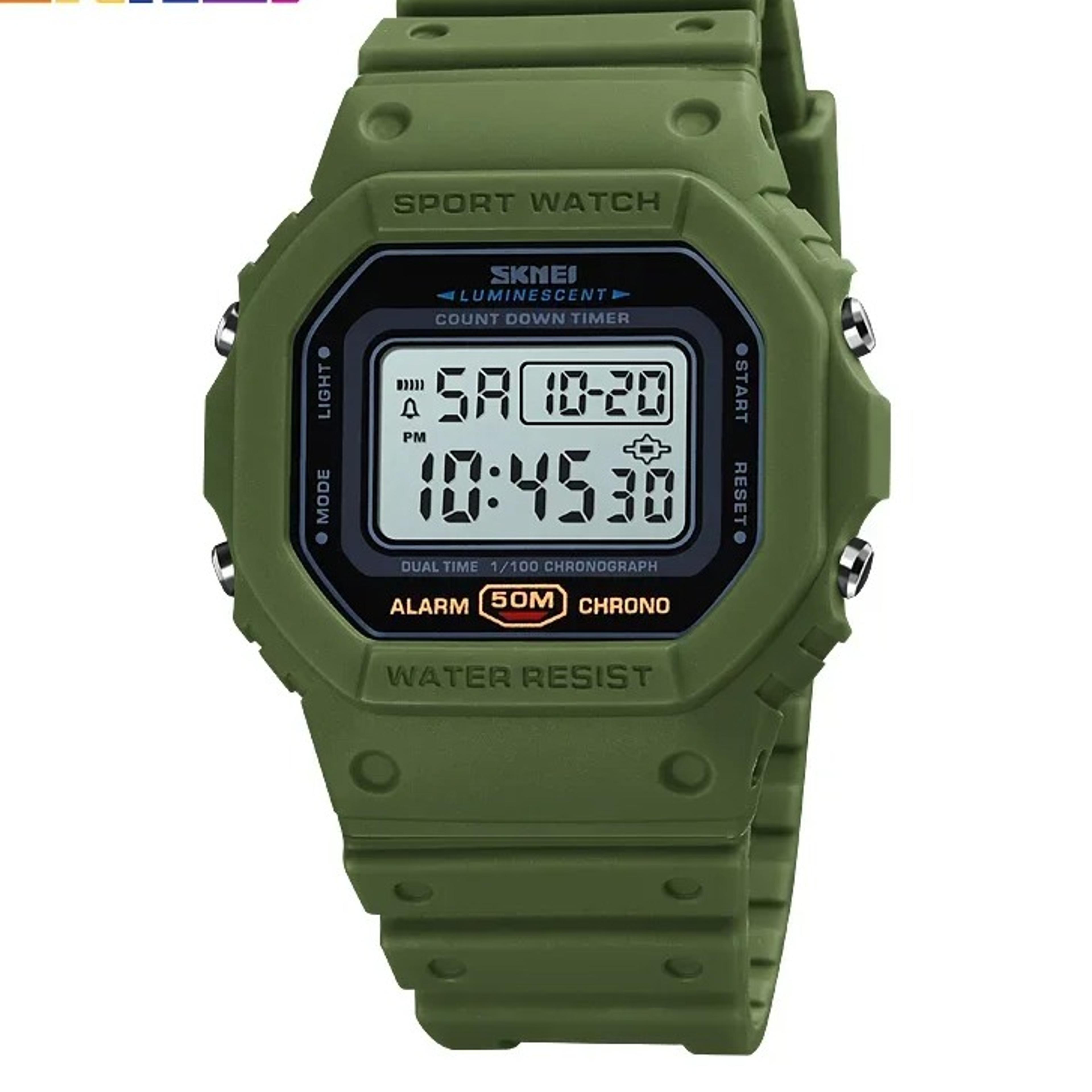 retro digital sports watch with dual time, countdown timer and water resistance