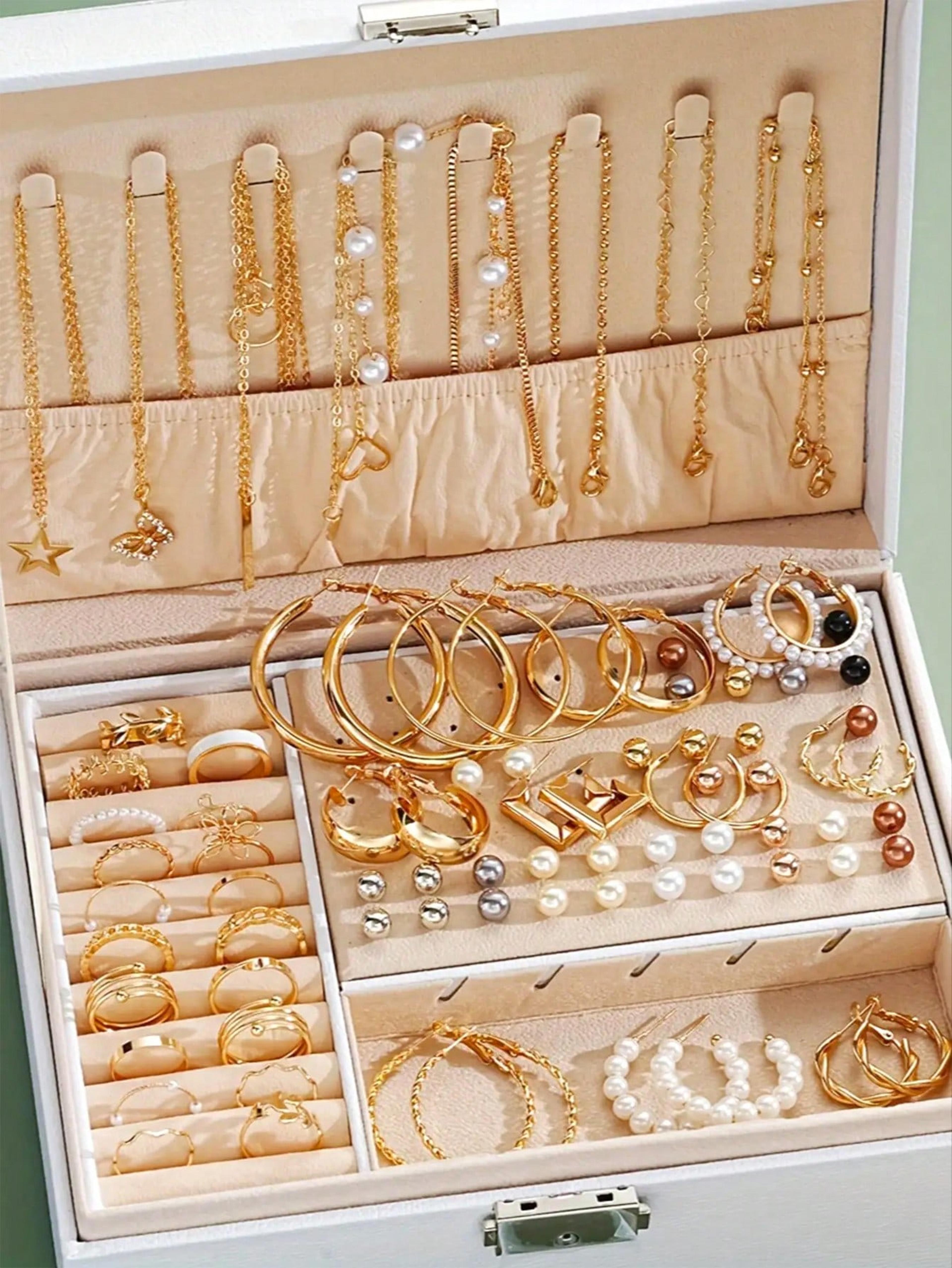 pearl jewelry set for women with layered necklace earrings and rings