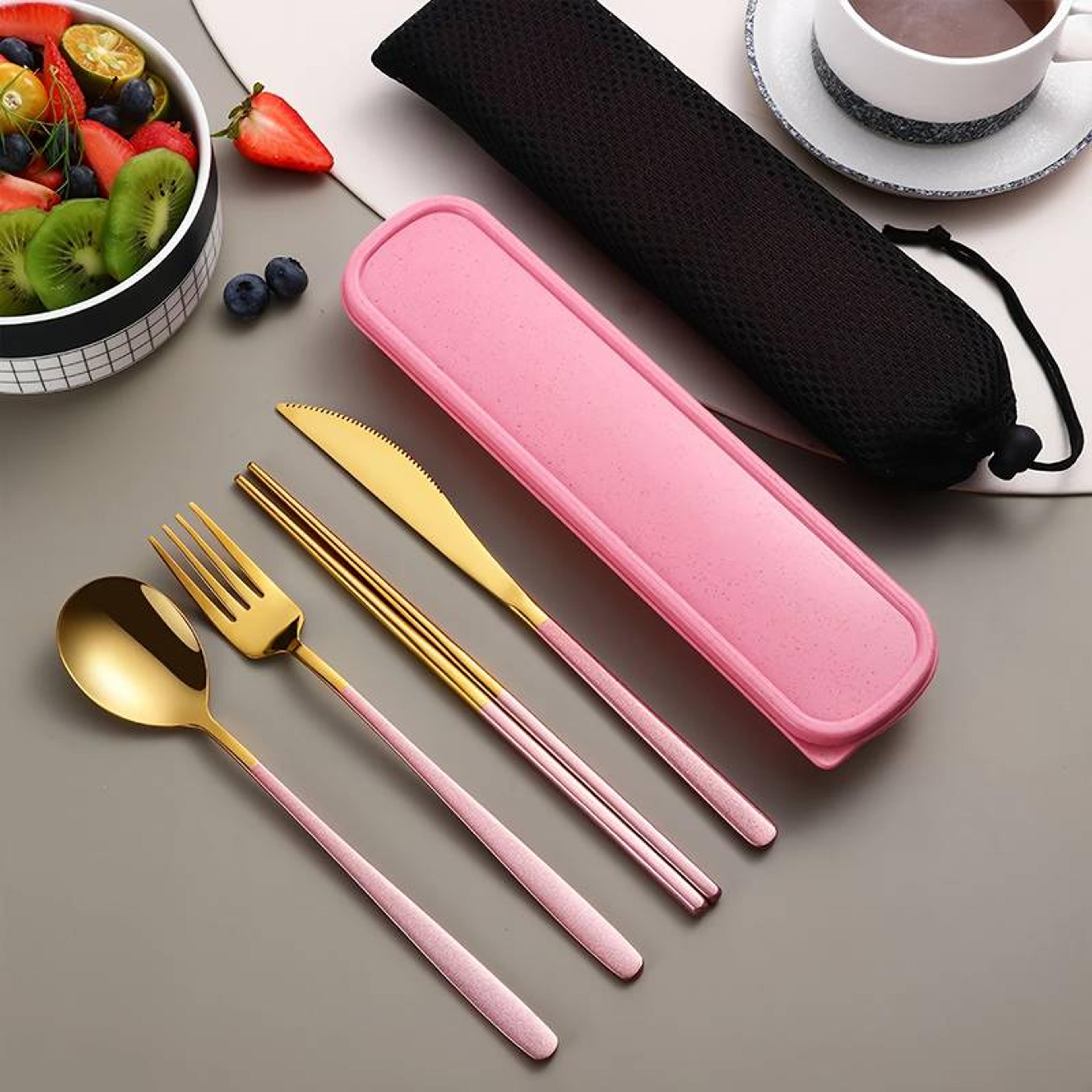 portable cutlery set with stainless steel utensils and storage box