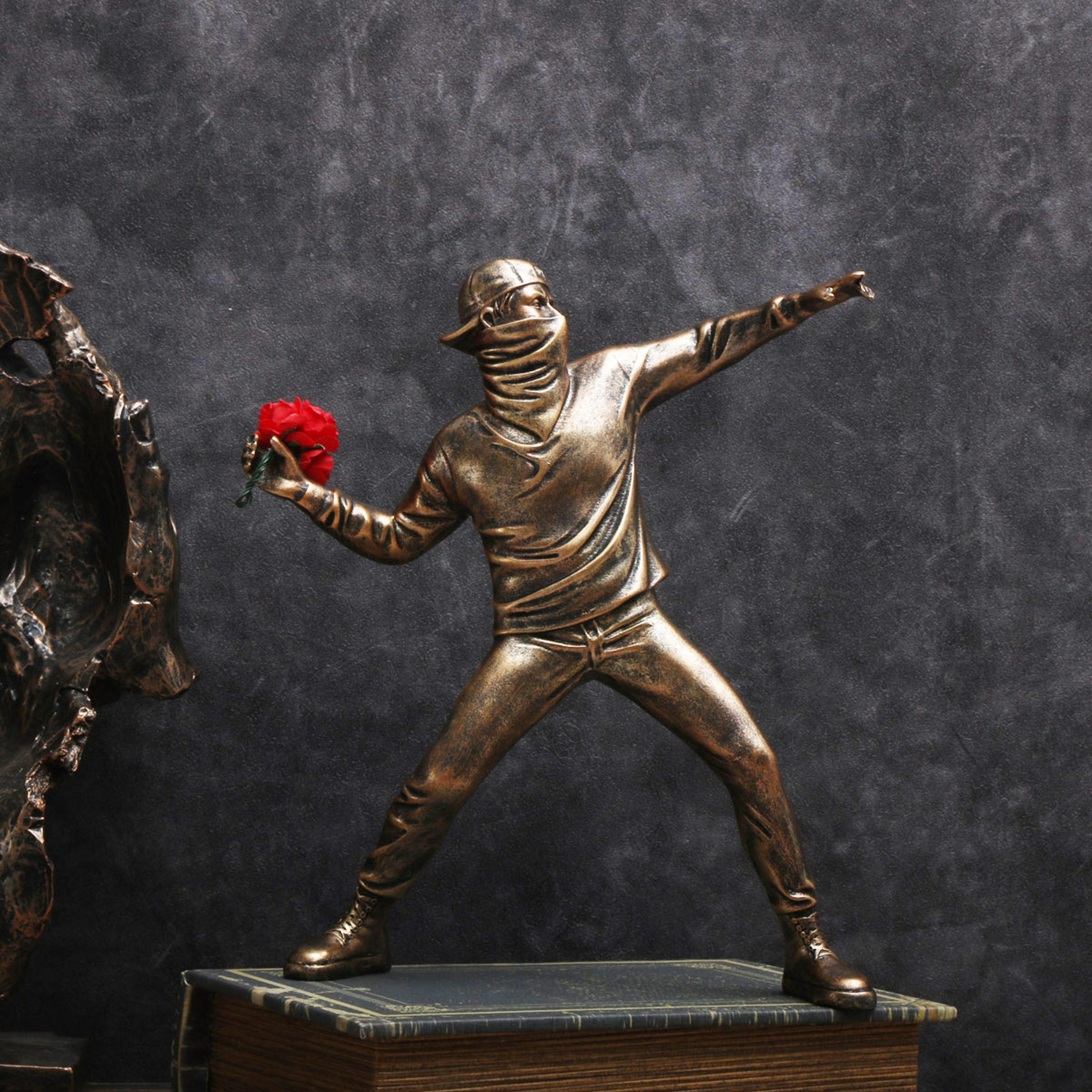 flower thrower resin statue modern street art sculpture for home and desk decor