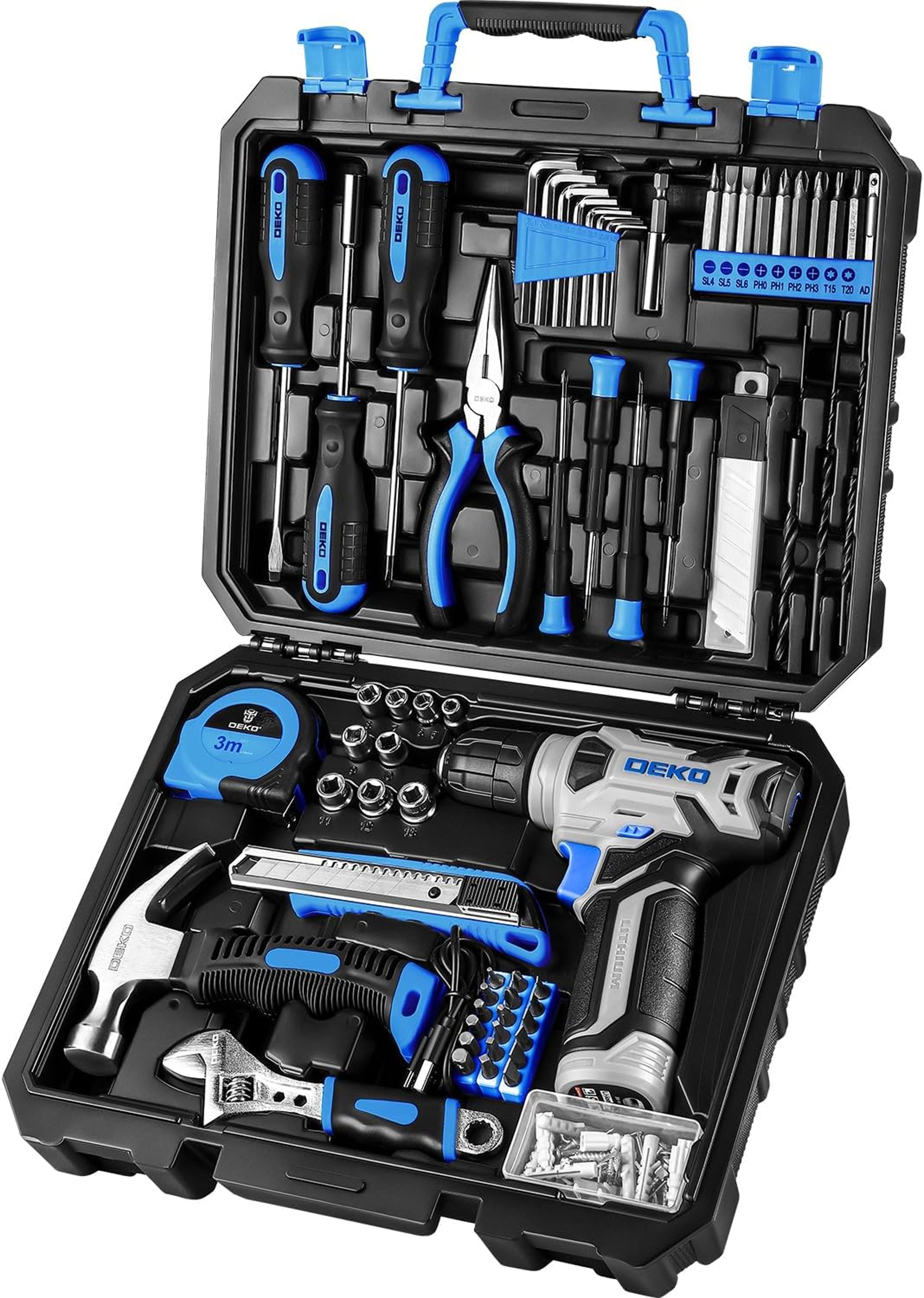 piece home tool kit with cordless drill set and portable storage case