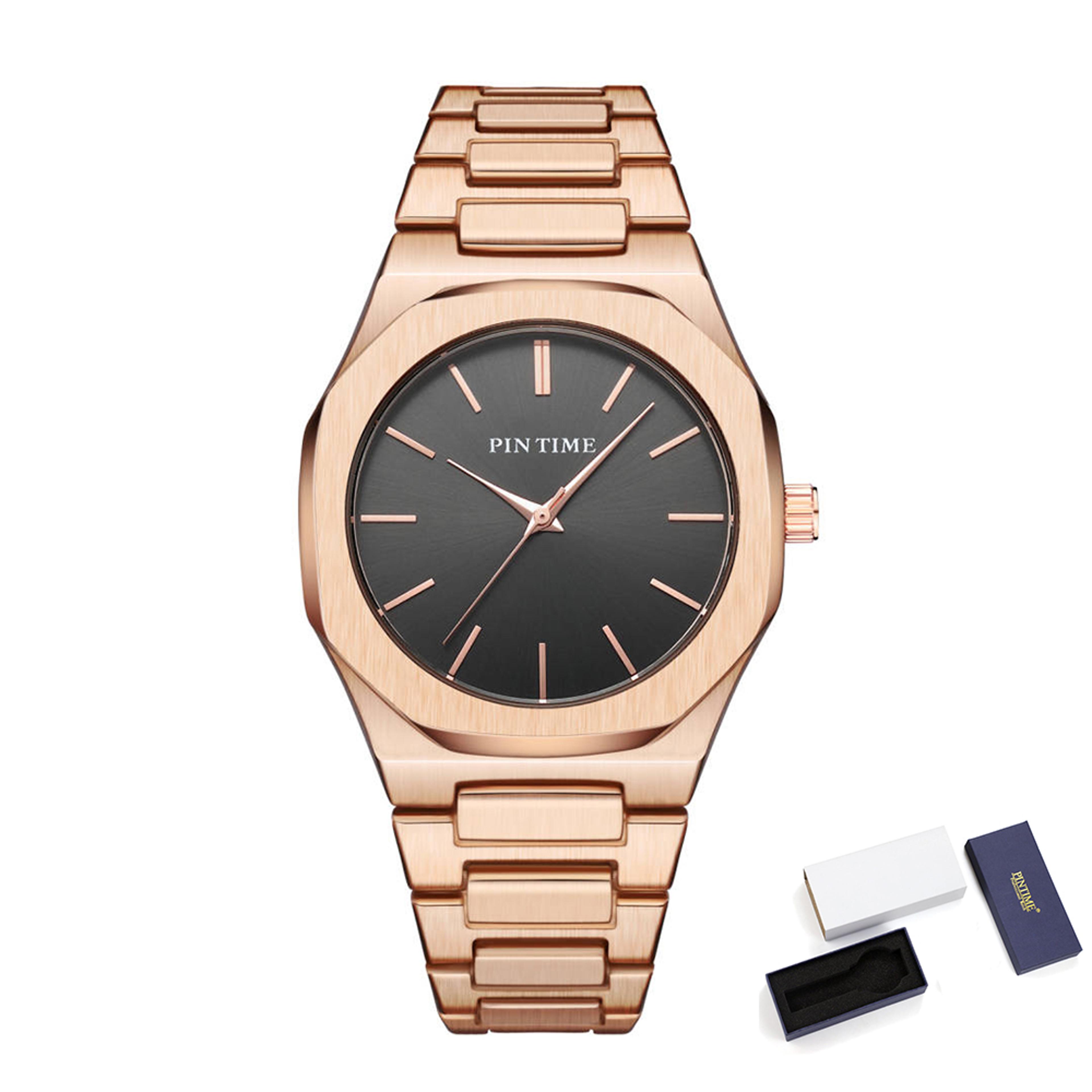 ultra thin quartz watch with steel strap water resistance and calendar