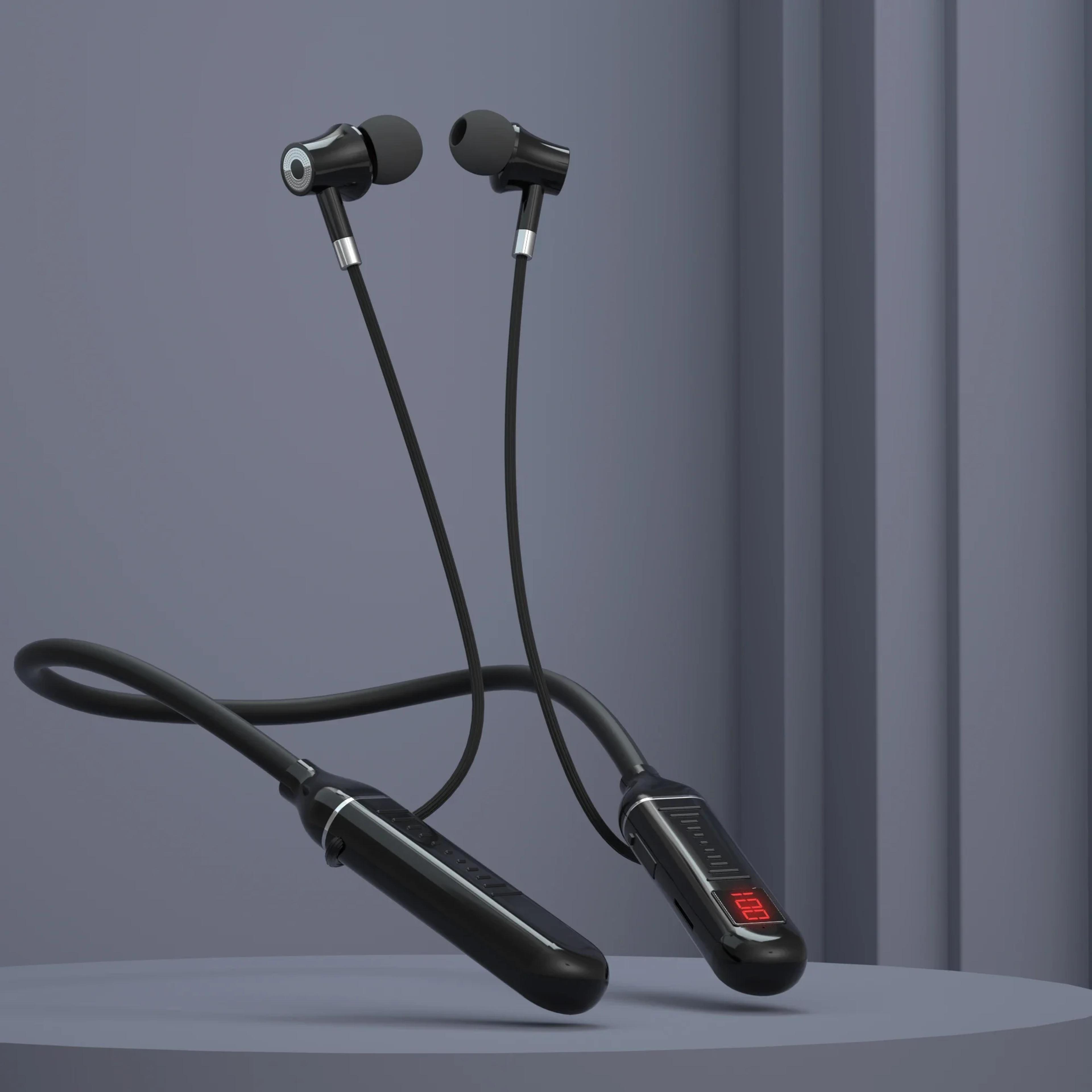 bluetooth wireless neckband earphones with led display and magnetic earbuds