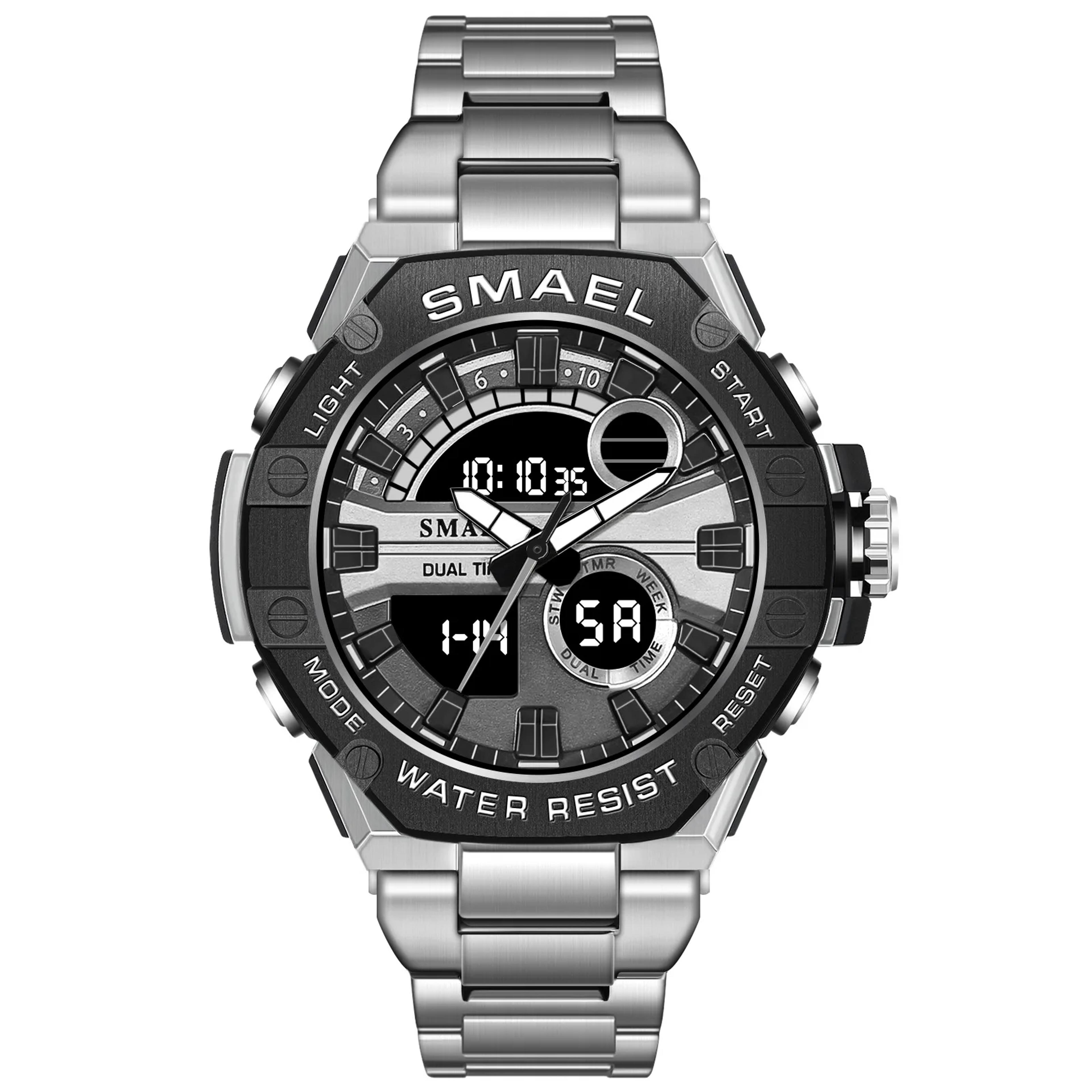 waterproof dual display watch for men with stainless steel band