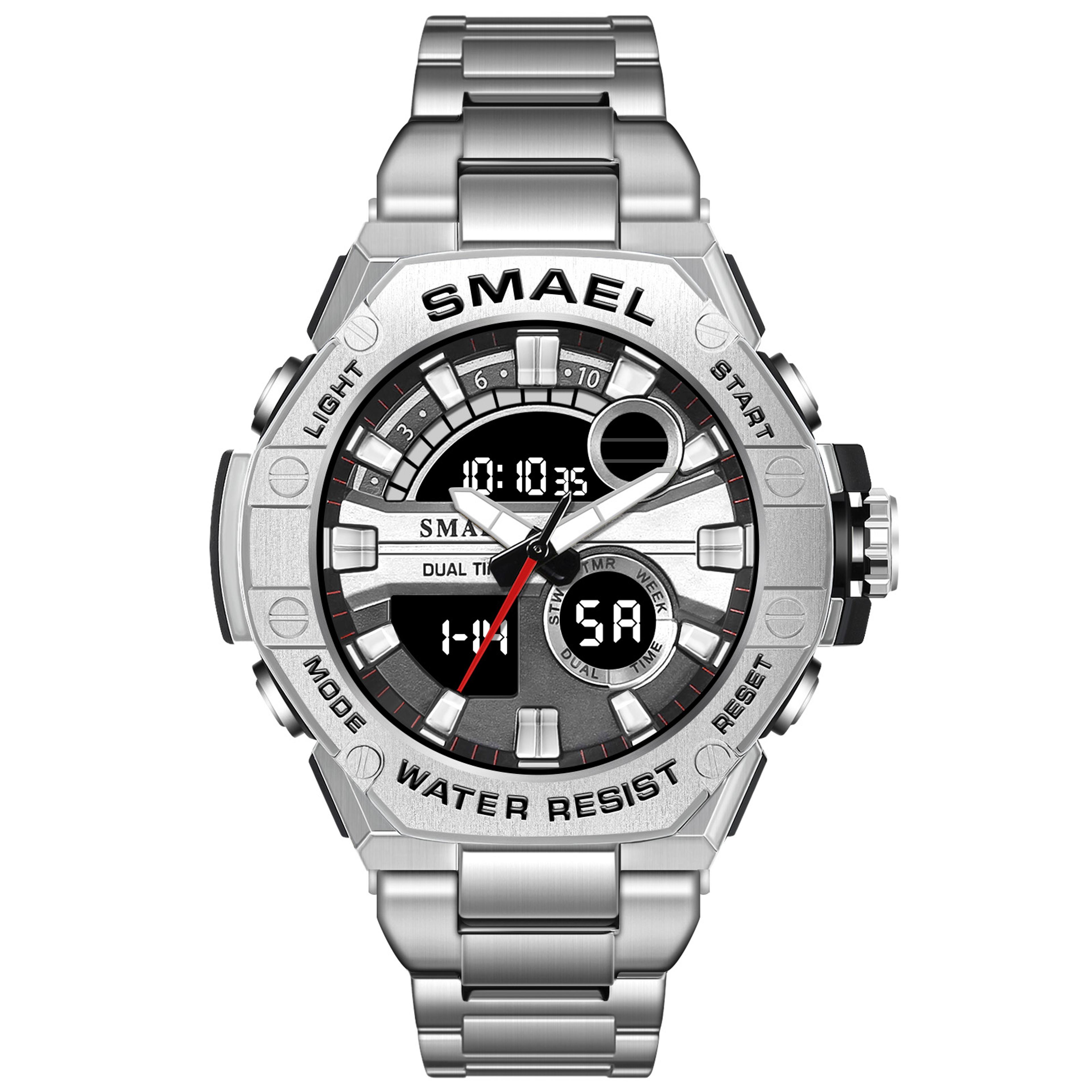 waterproof dual display watch for men with alloy steel band