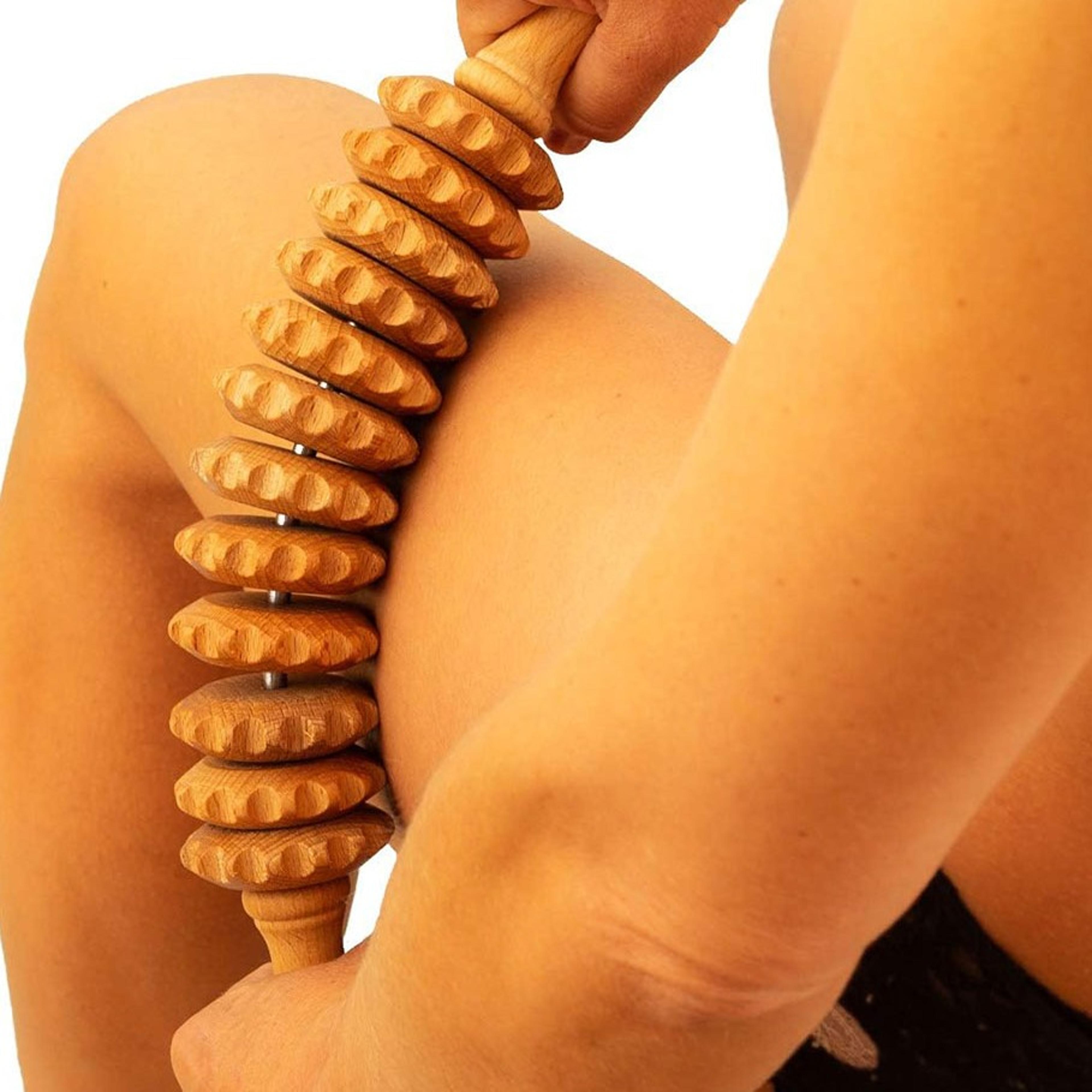 natural curved wooden massage roller for cellulite and muscle relief