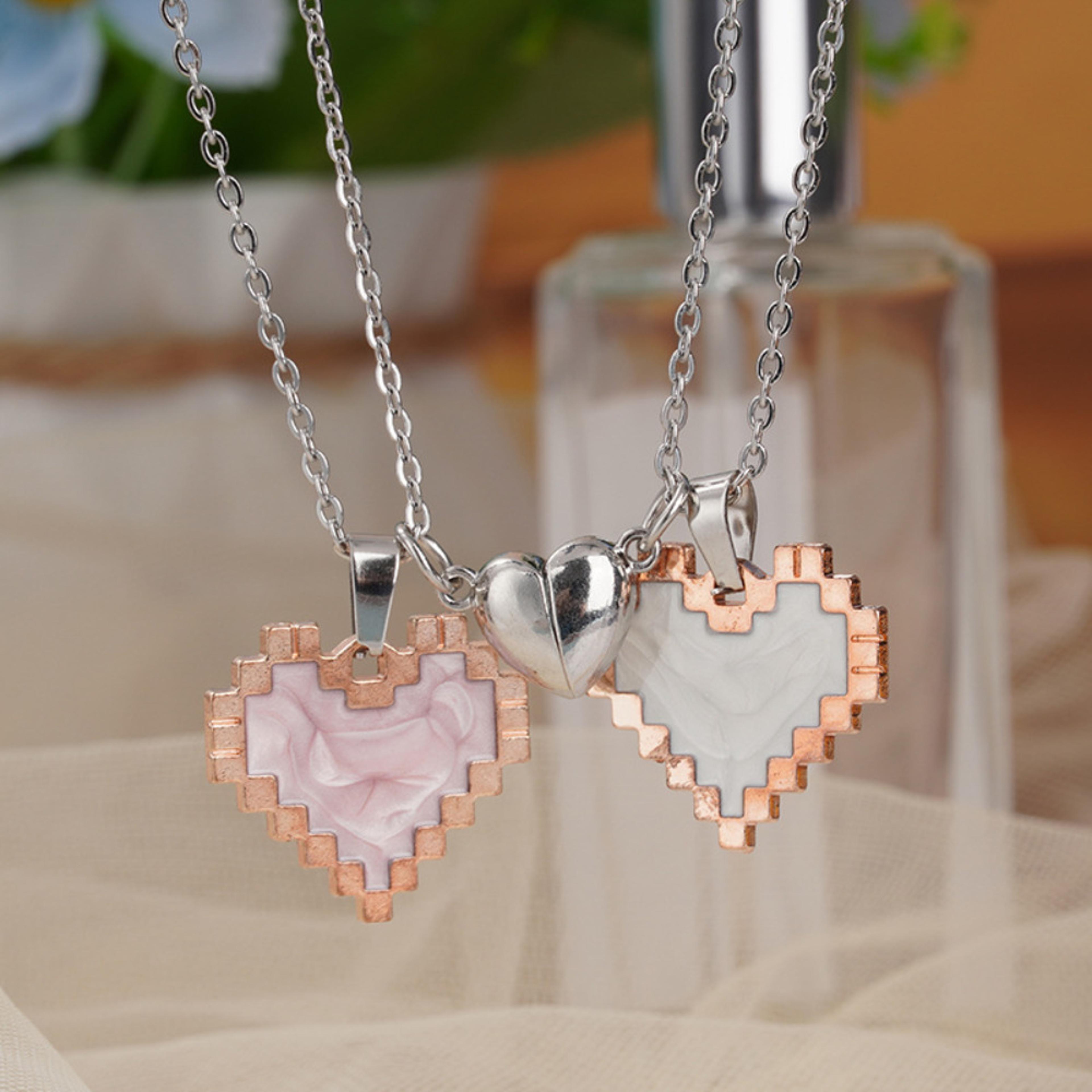 magnetic pixel heart couple necklace matching pendant set