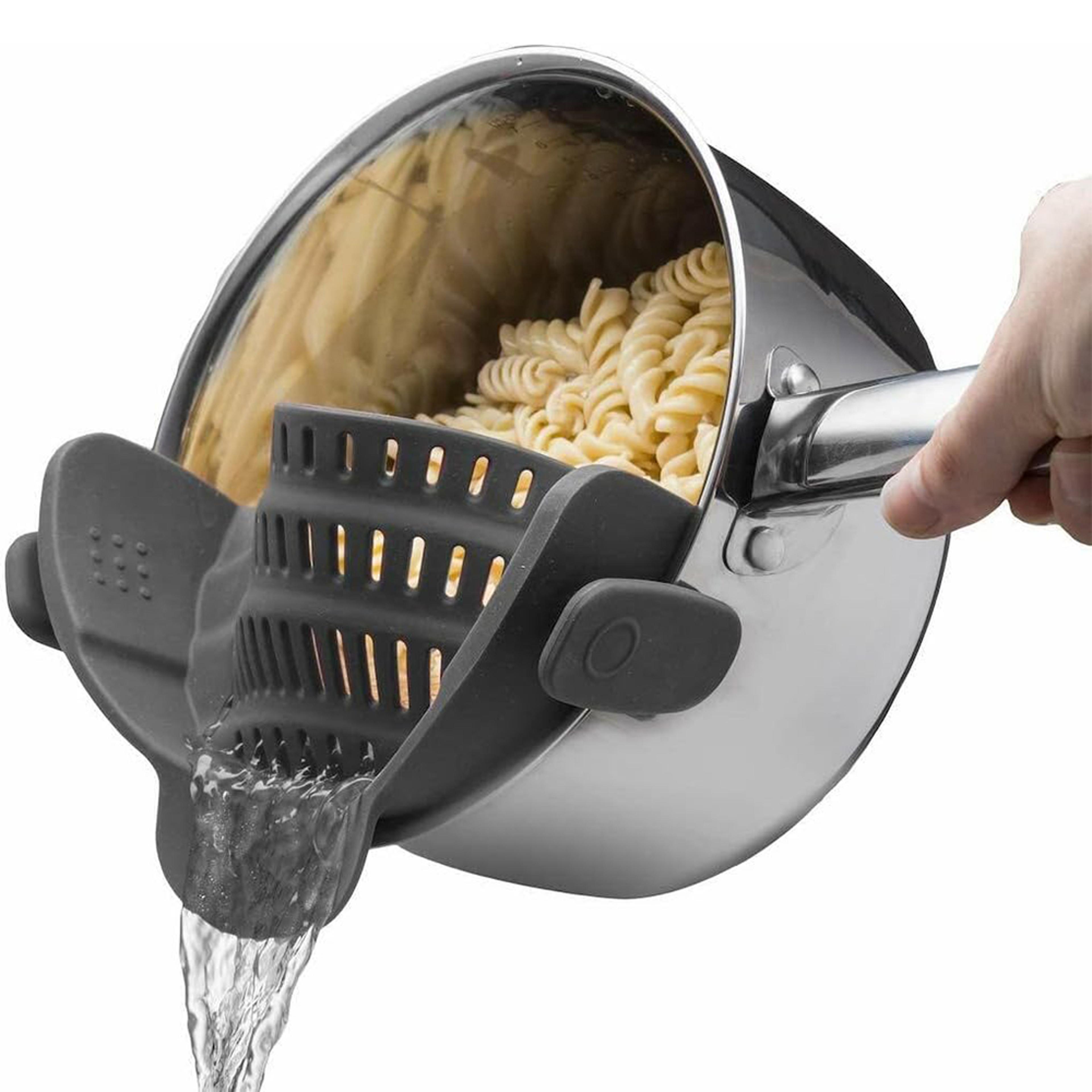 silicone clip on strainer space saving pasta strainer for pots and pans