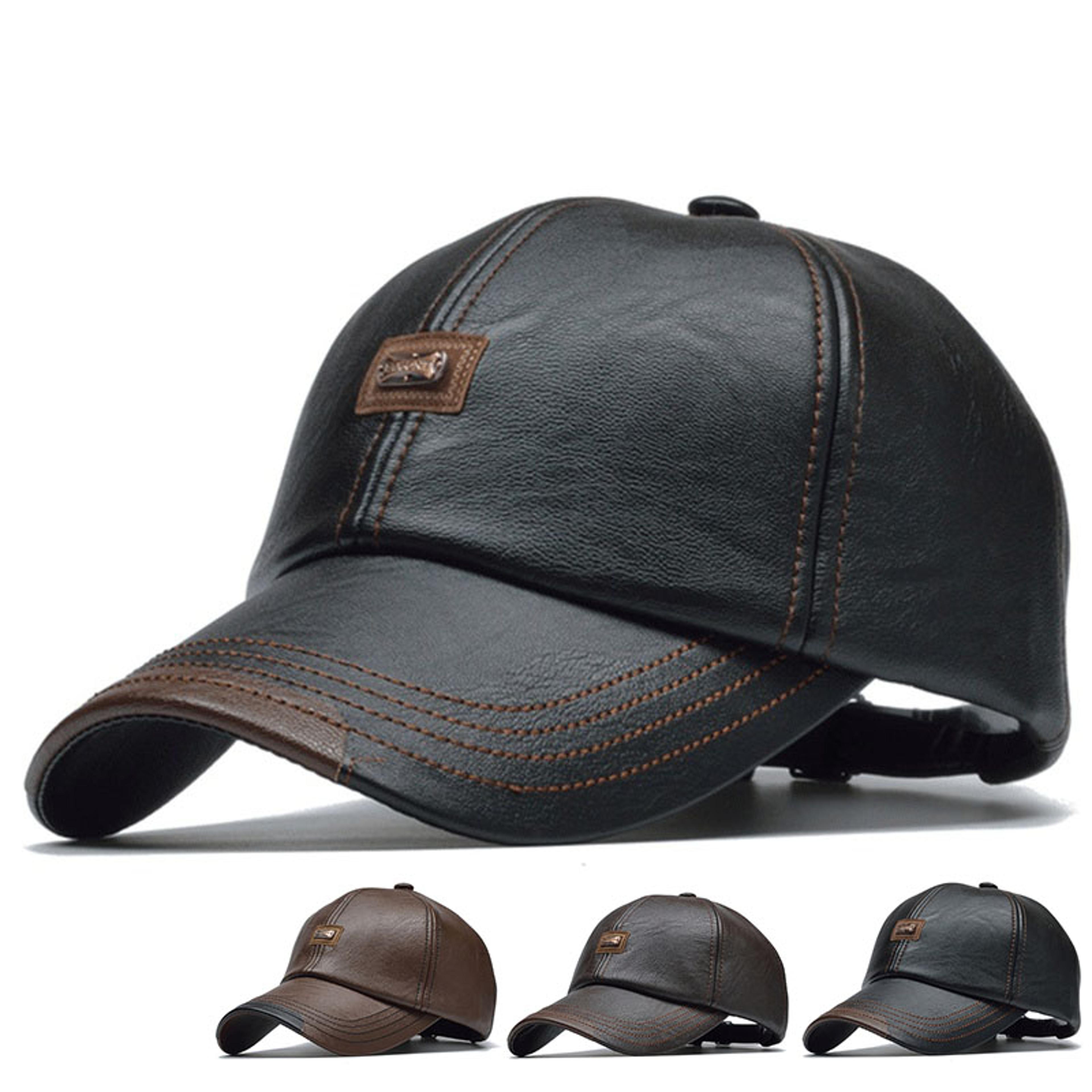 mens pu leather baseball cap adjustable winter snapback hat