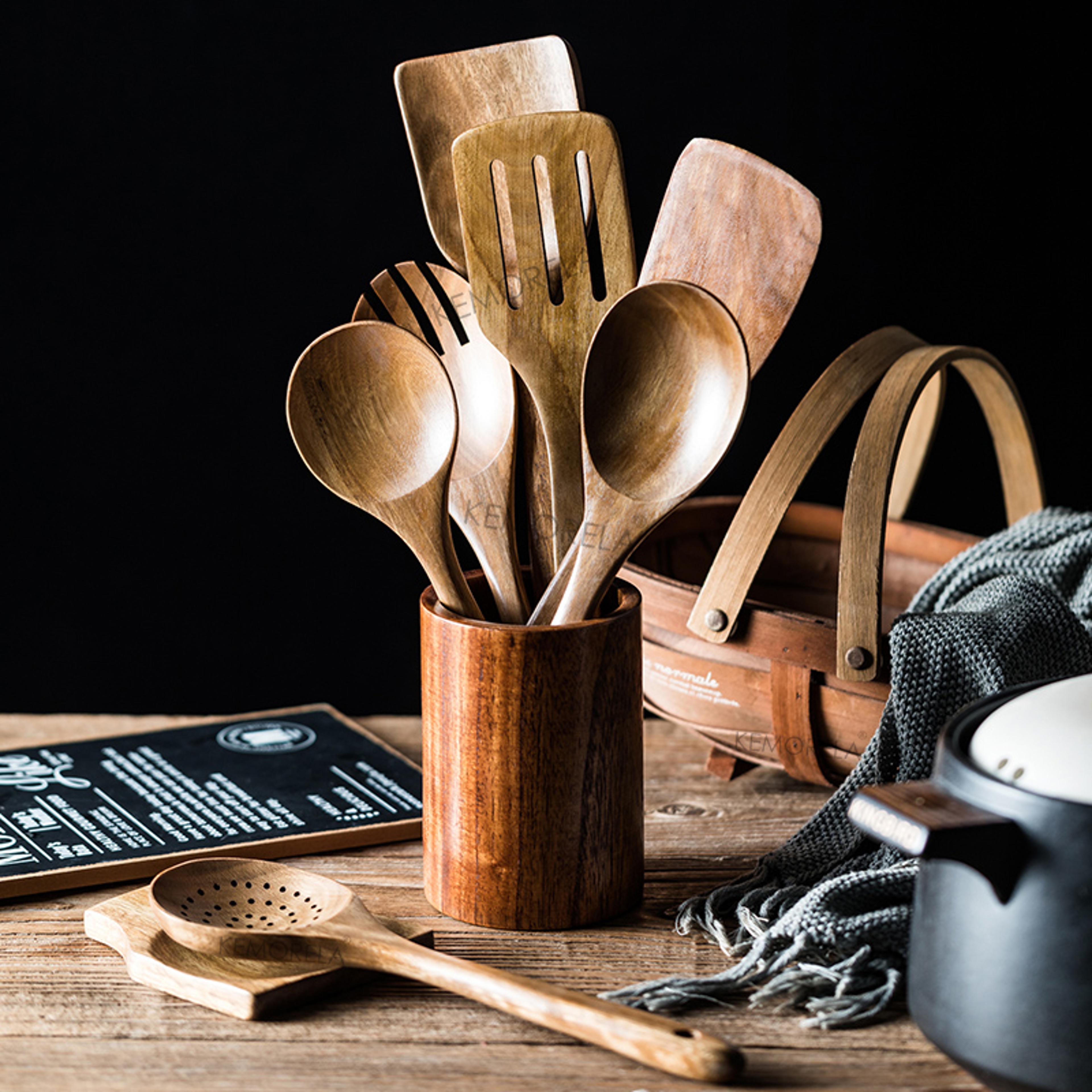 teak wooden kitchen utensil set with spoon rest and holder