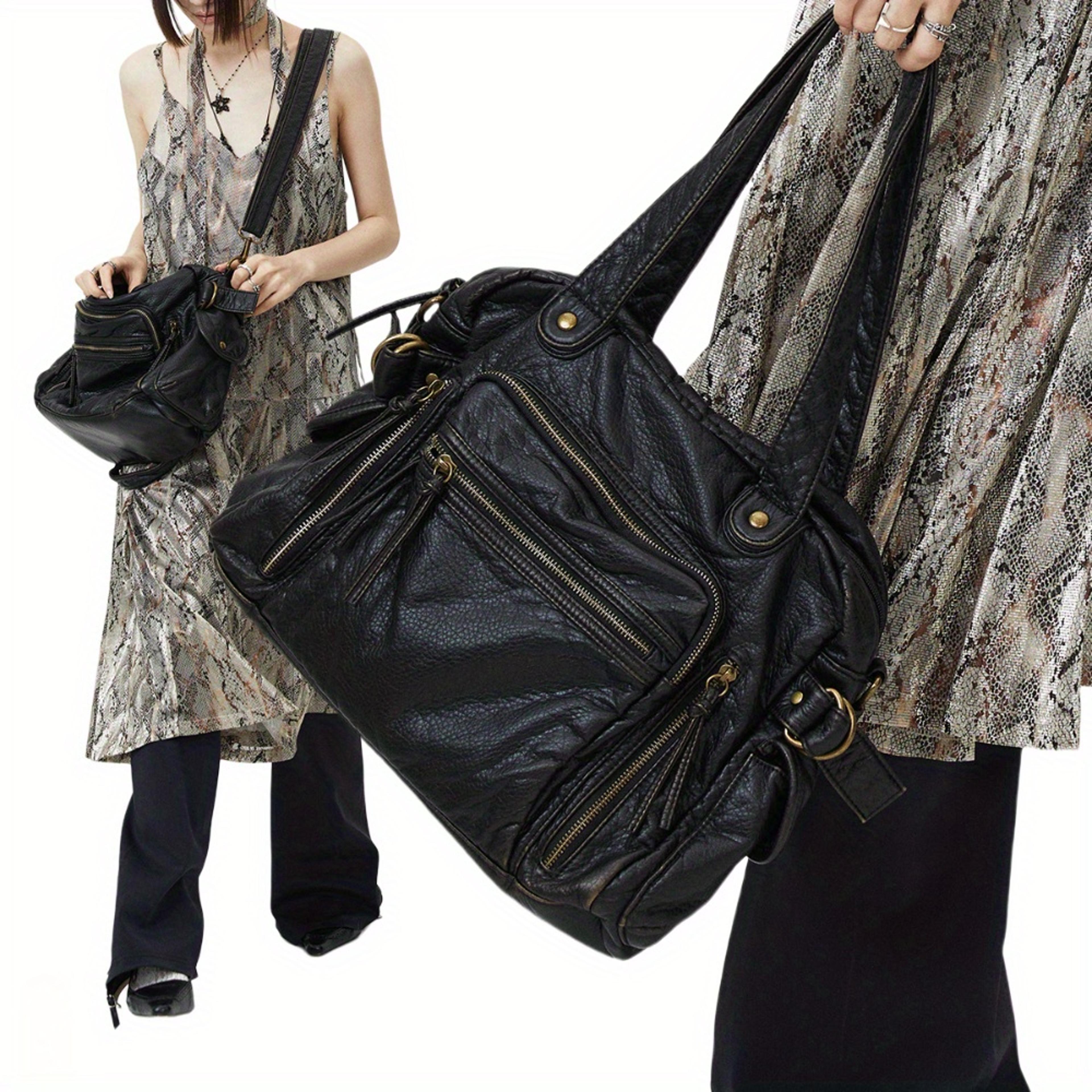punk crossbody bag retro pu leather multi pocket shoulder tote